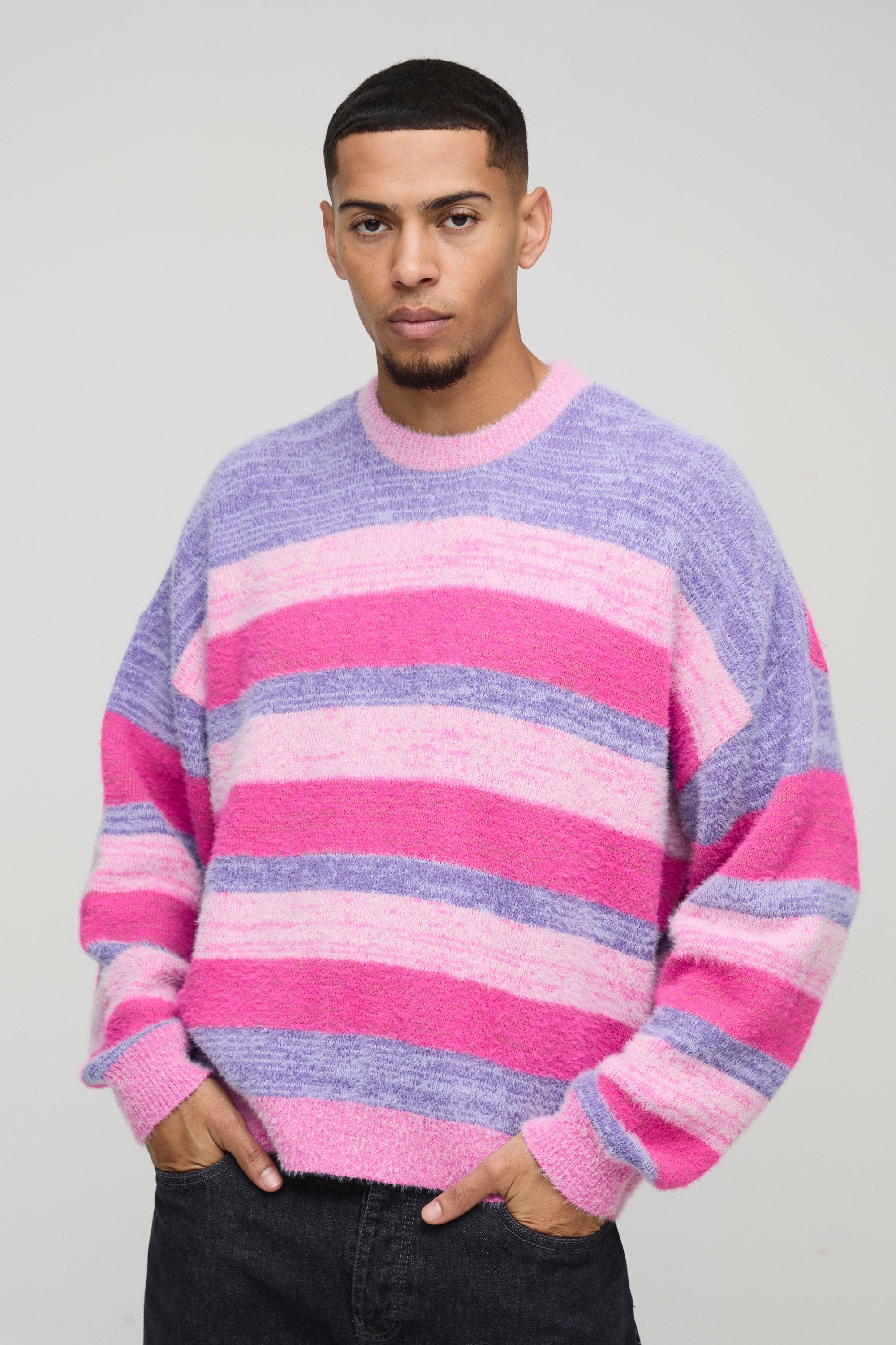 Maglione squadrato in maglia spazzolata a righe, Pink
