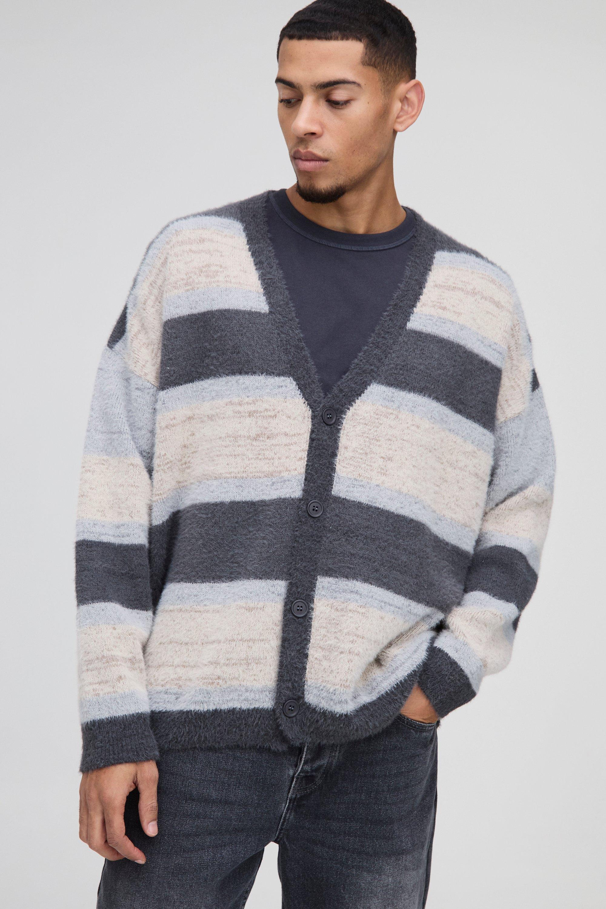 Mens Beige Oversized Dropped Shoulder Brushed Stripe Knitted Cardigan, Beige