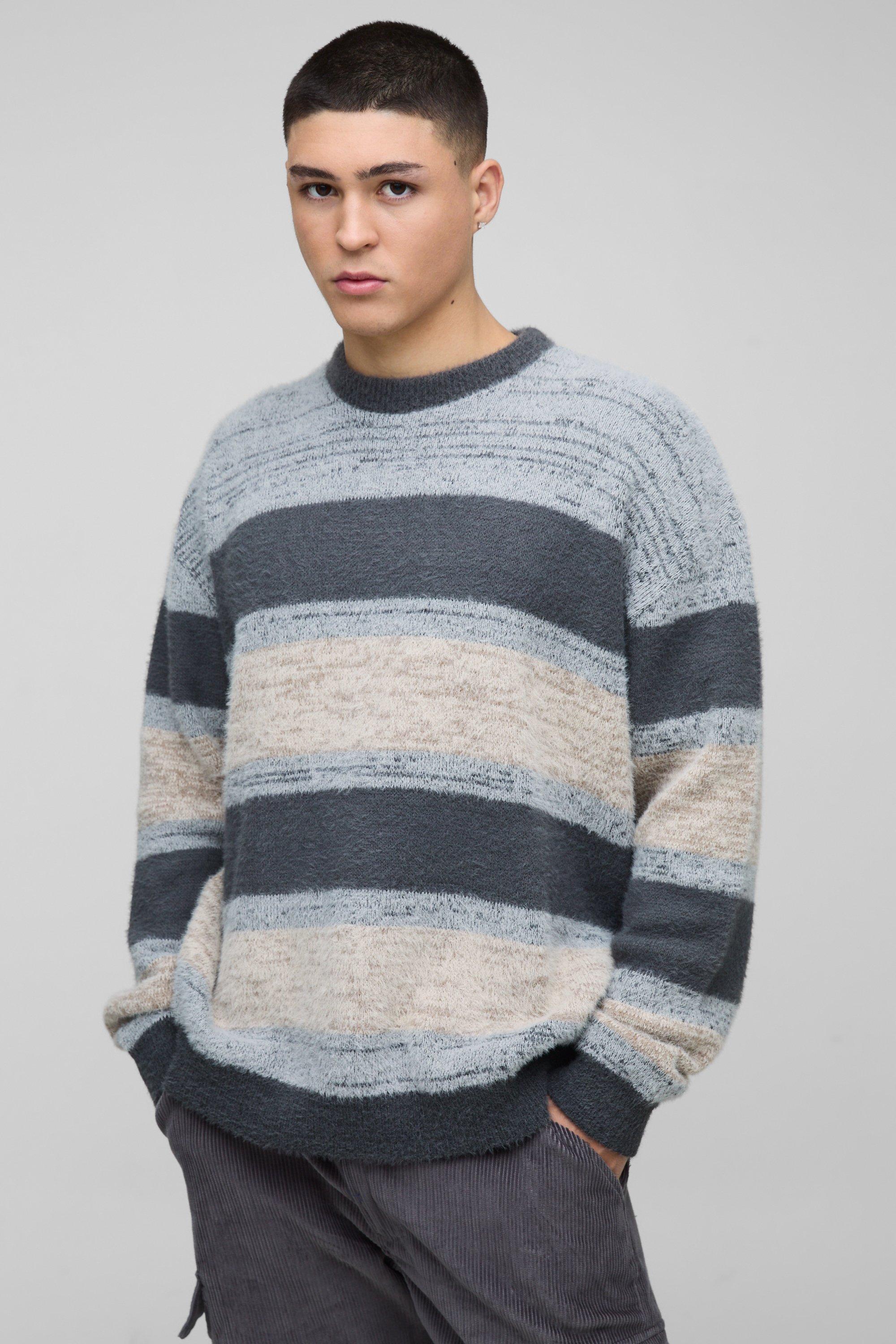 Maglione oversize in maglia spazzolata a righe, Beige
