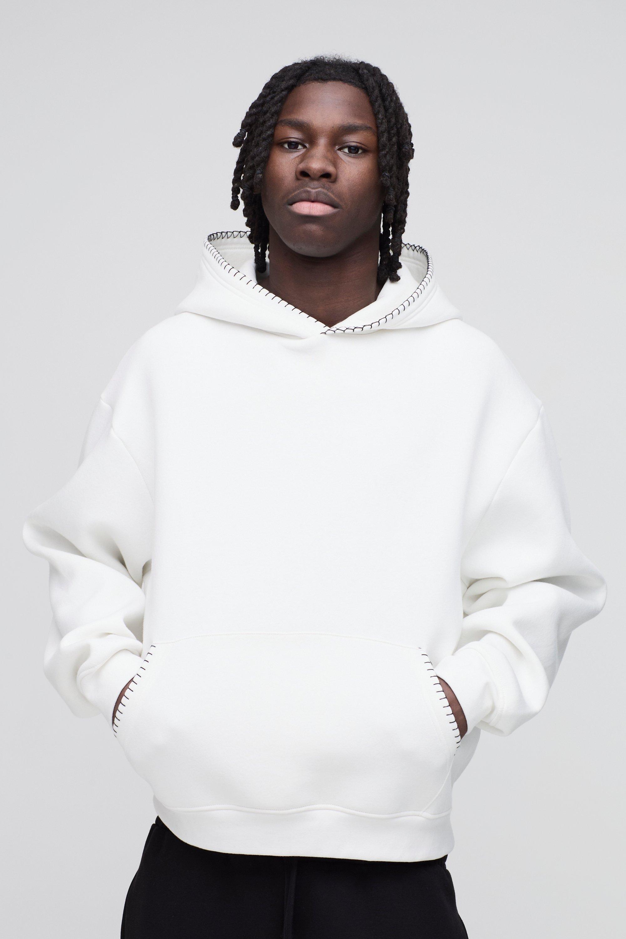 Mens White Oversized Boxy Blanket Stitch Hoodie, White