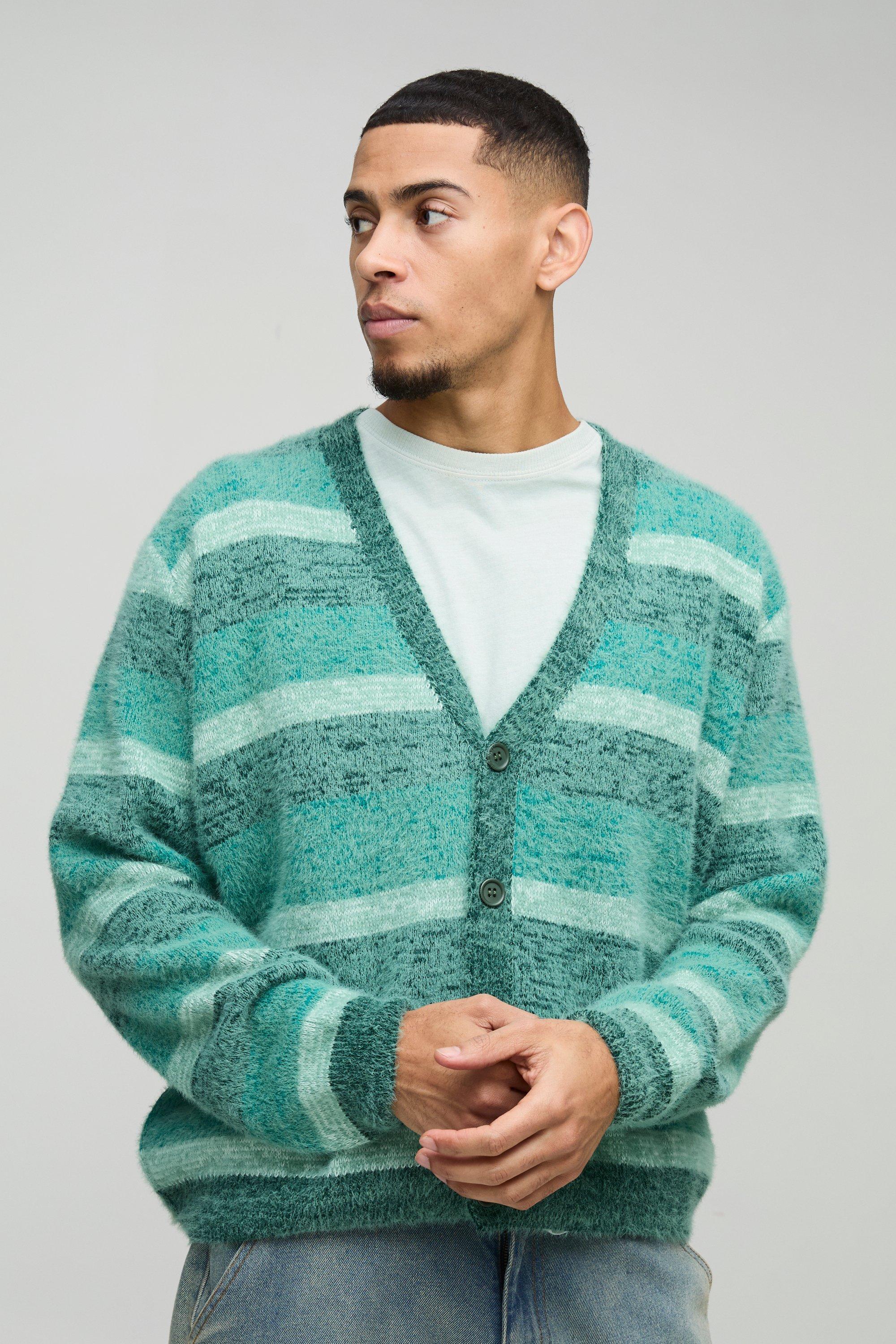 Cardigan squadrato in maglia spazzolata a righe, Verde