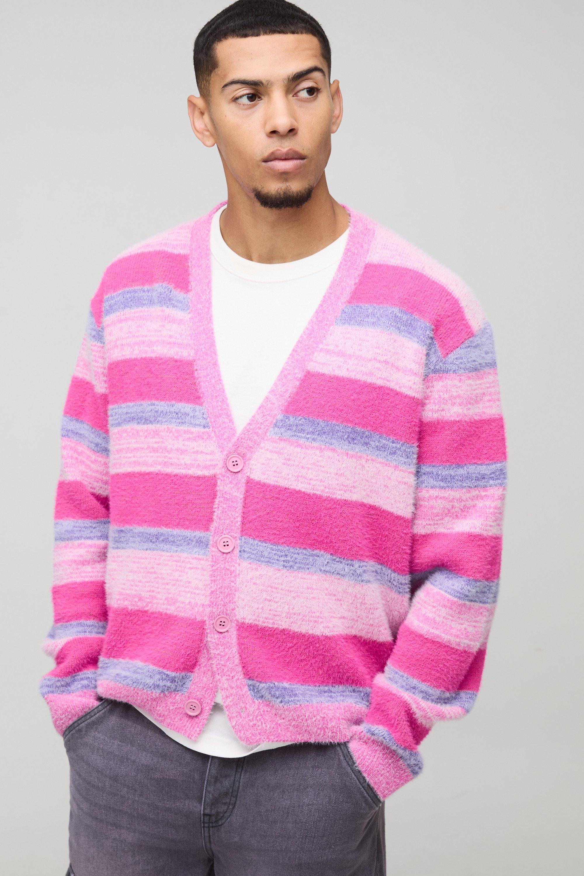 Boohoo Geborstelde Gestreepte Gebreide Boxy Cardigan, Pink