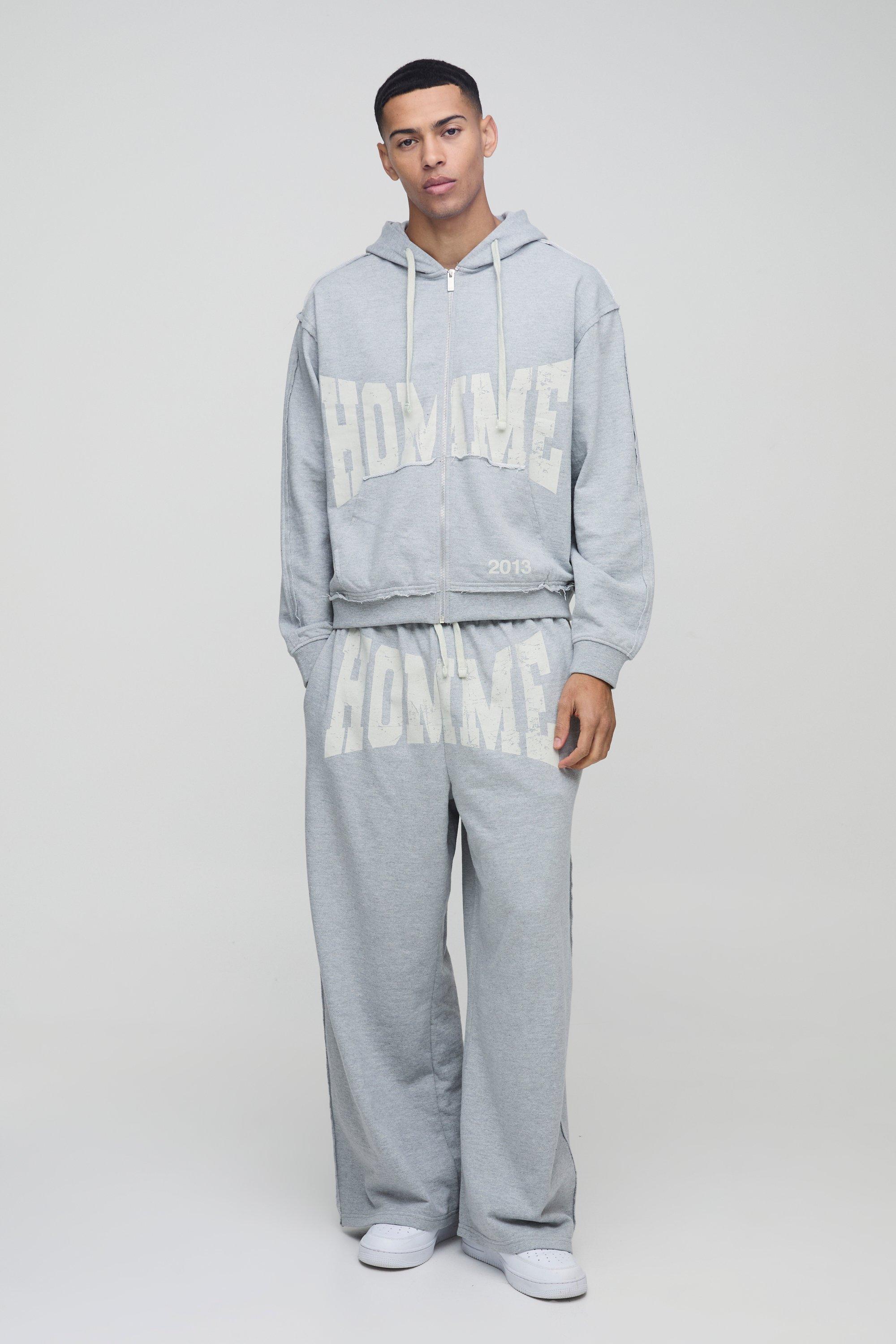 Tuta sportiva squadrata oversize Homme con cuciture grezze, rovescio a ricci, zip e rovescio a ricci, Grigio