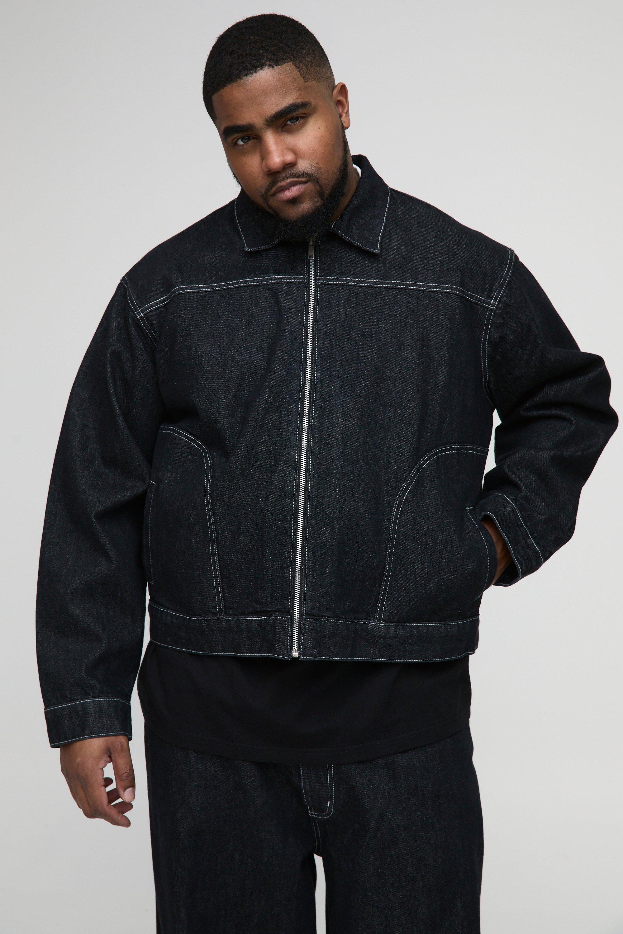 Mens Black Plus Boxy Contrast Stitch Denim Jacket, Black