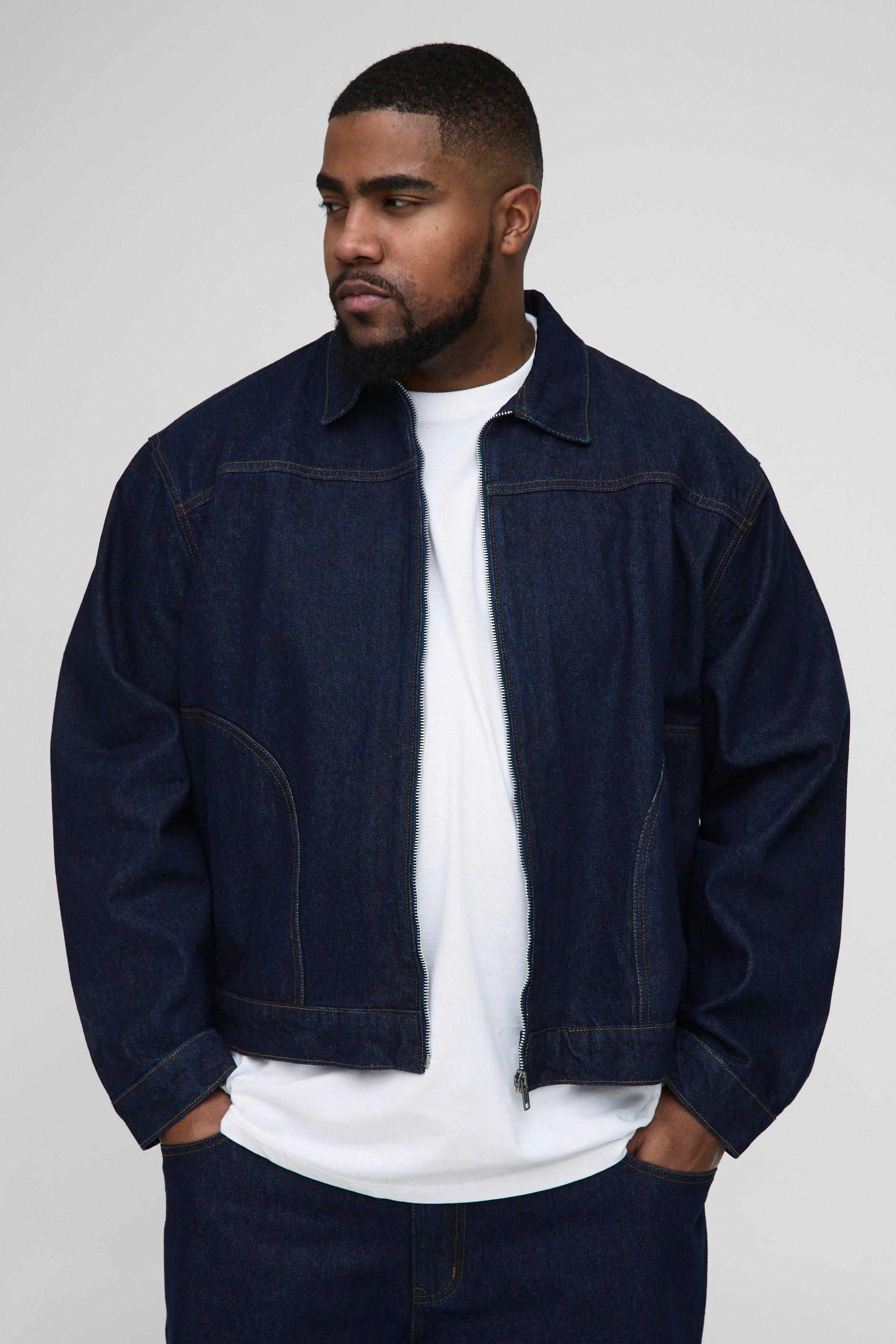Mens Blue Plus Boxy Contrast Stitch Denim Jacket, Blue