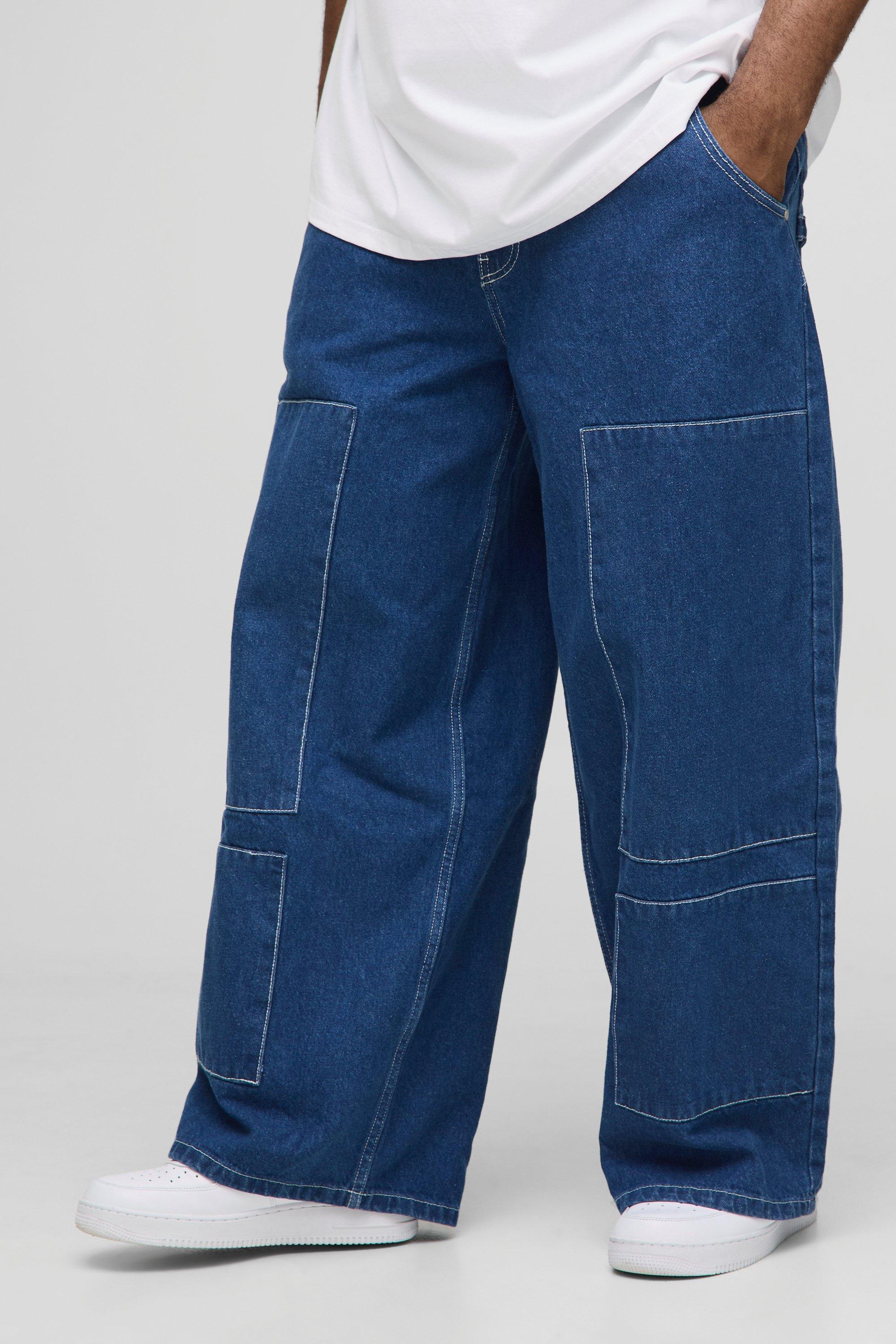 Boohoo Plus Baggy Utility Jeans Met Zakken, Mid Blue