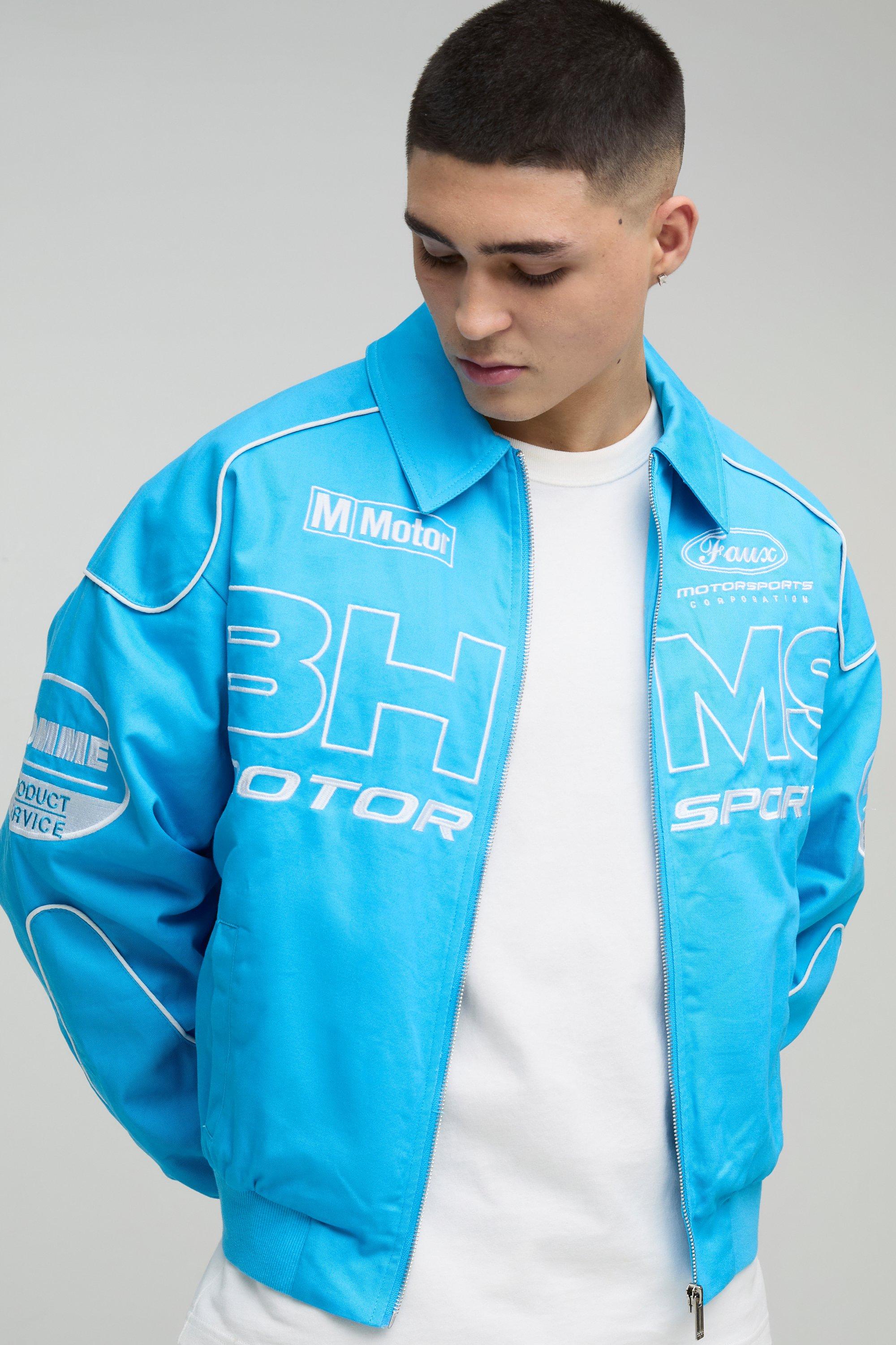 Giacca da moto squadrata in twill con stemmi, Azzurro