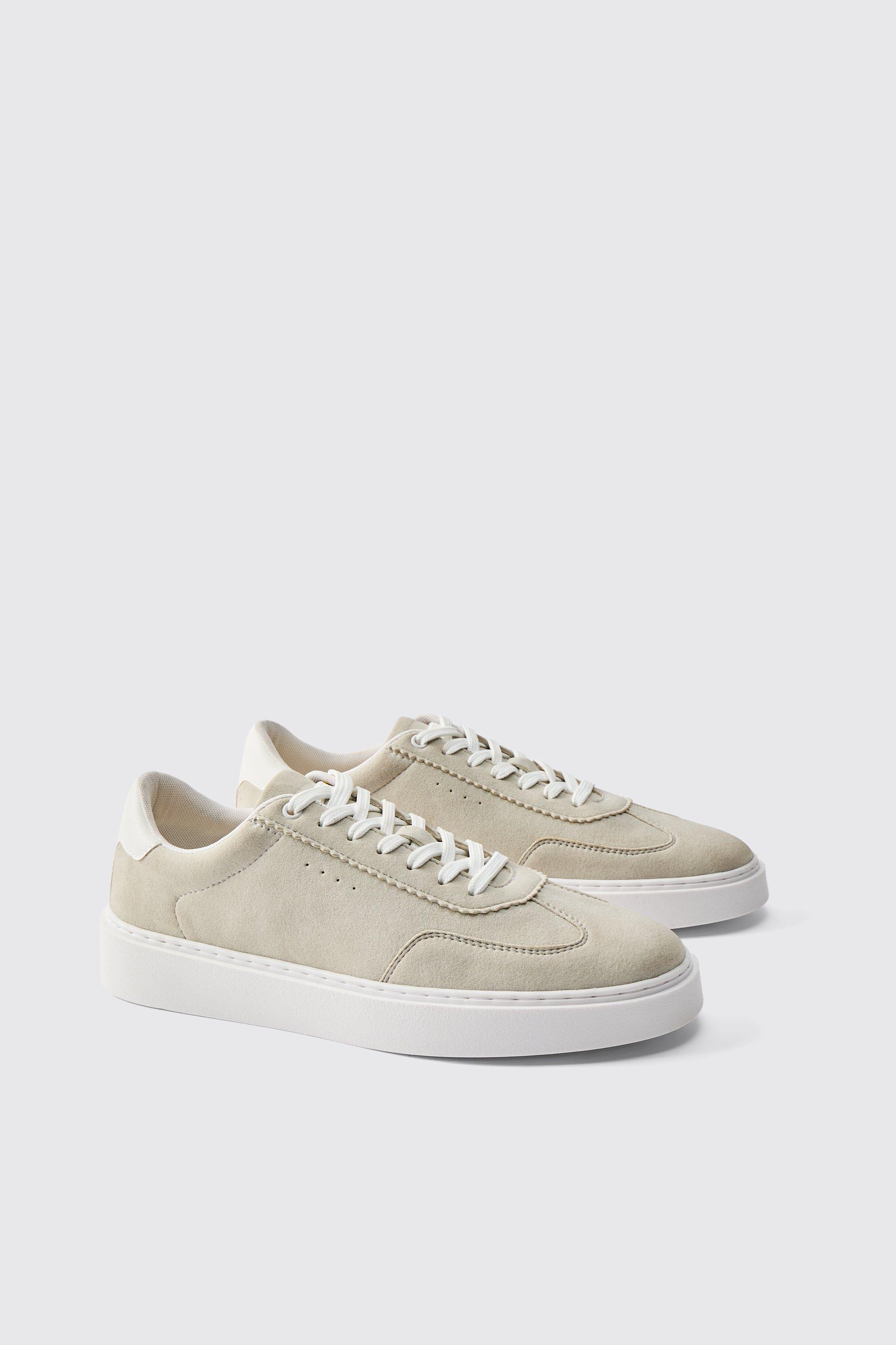 Mens Beige Faux Suede Panel Trainer In Stone, Beige