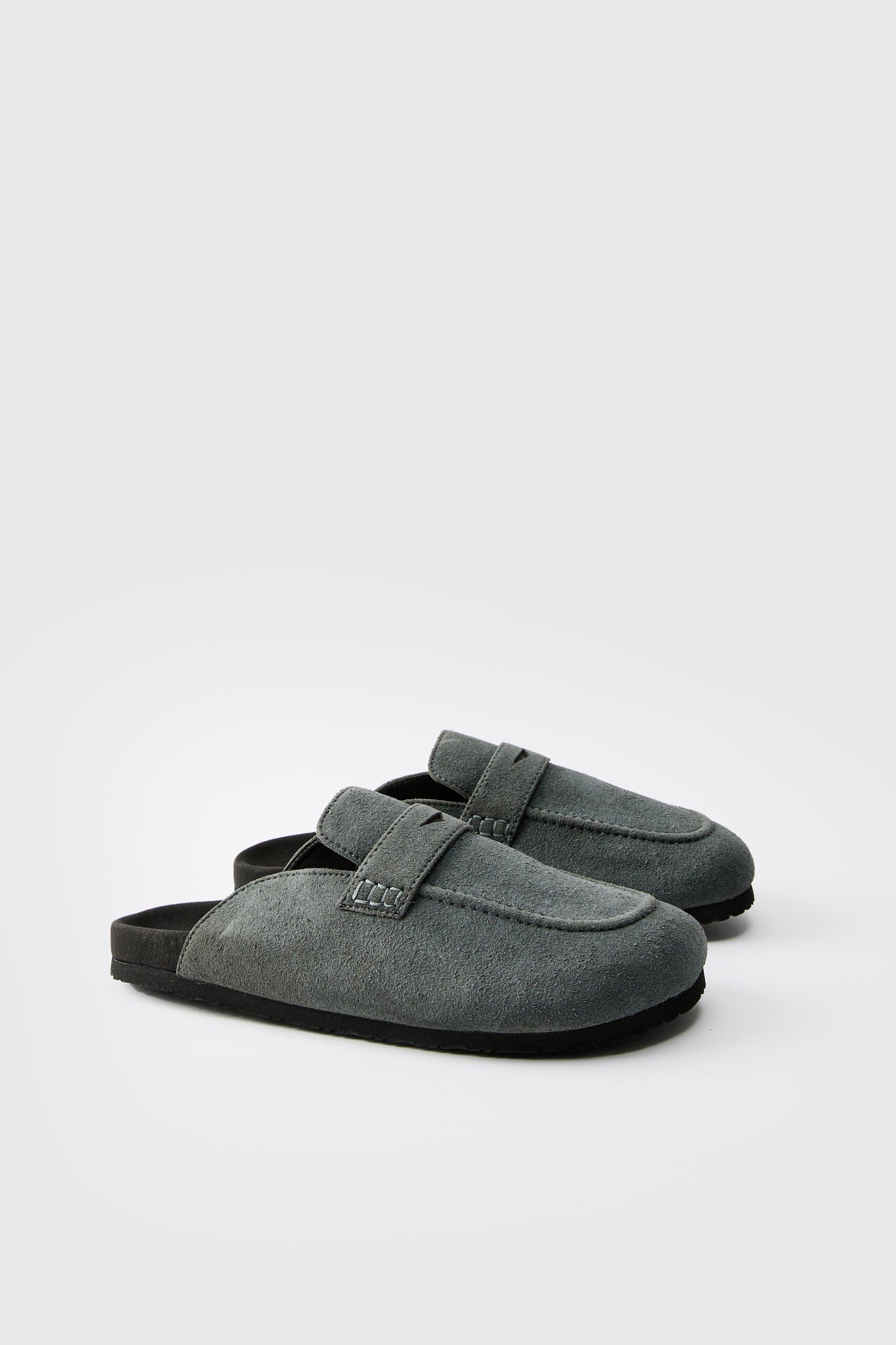 Mens Grey Faux Suede Saddle Mule, Grey