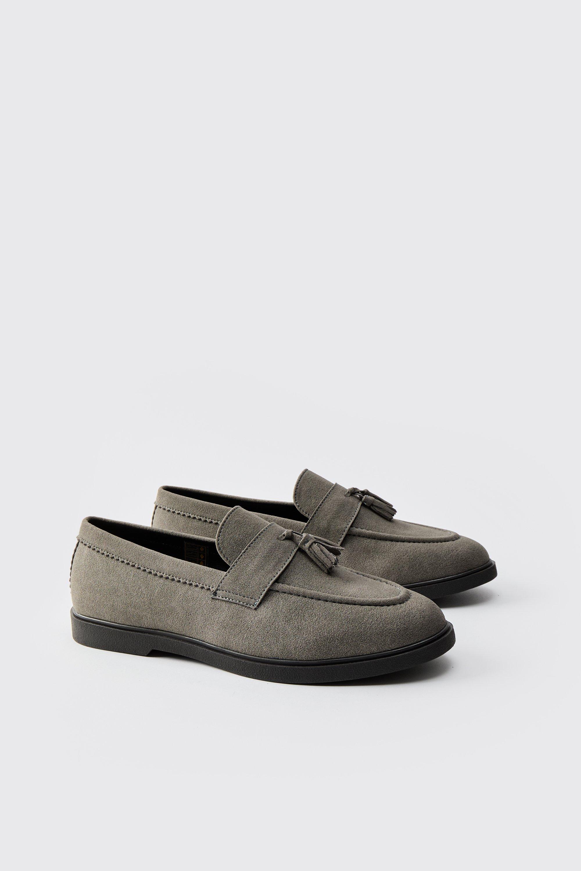 Mens Grey Faux Suede Tassel Loafer, Grey