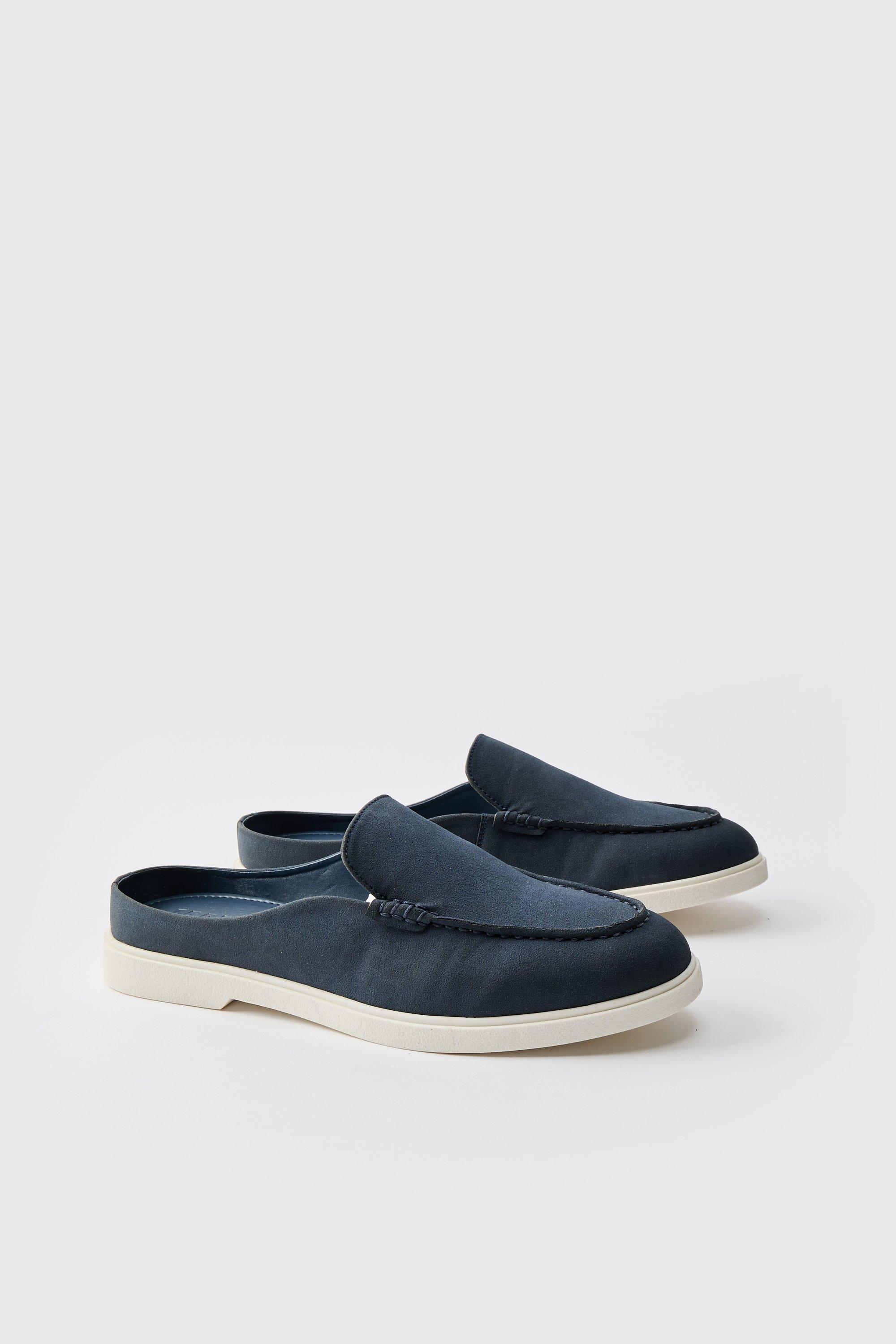 Mens Navy Backless Faux Suede Loafer, Navy