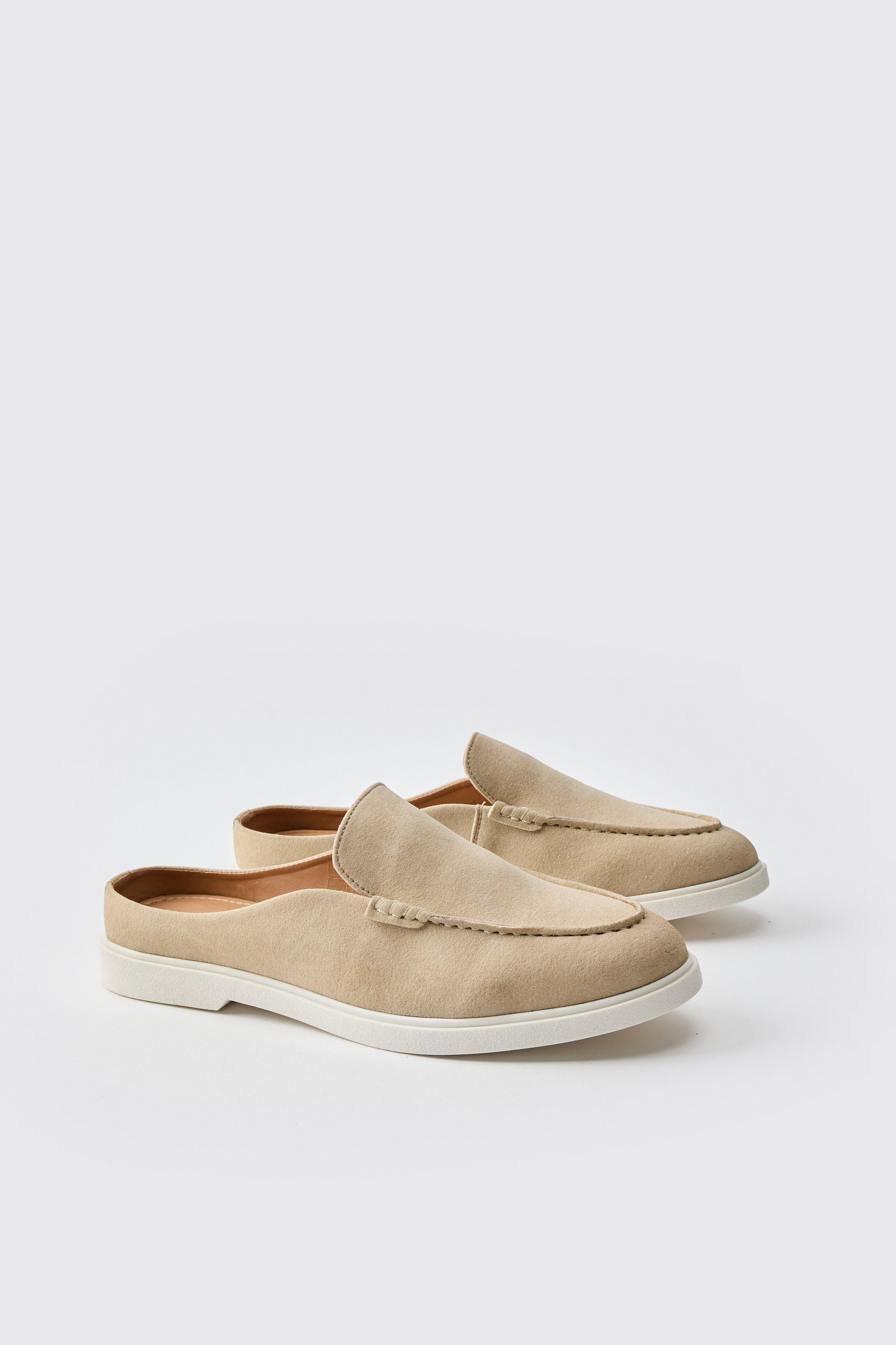 Mens Cream Backless Faux Suede Loafer, Cream