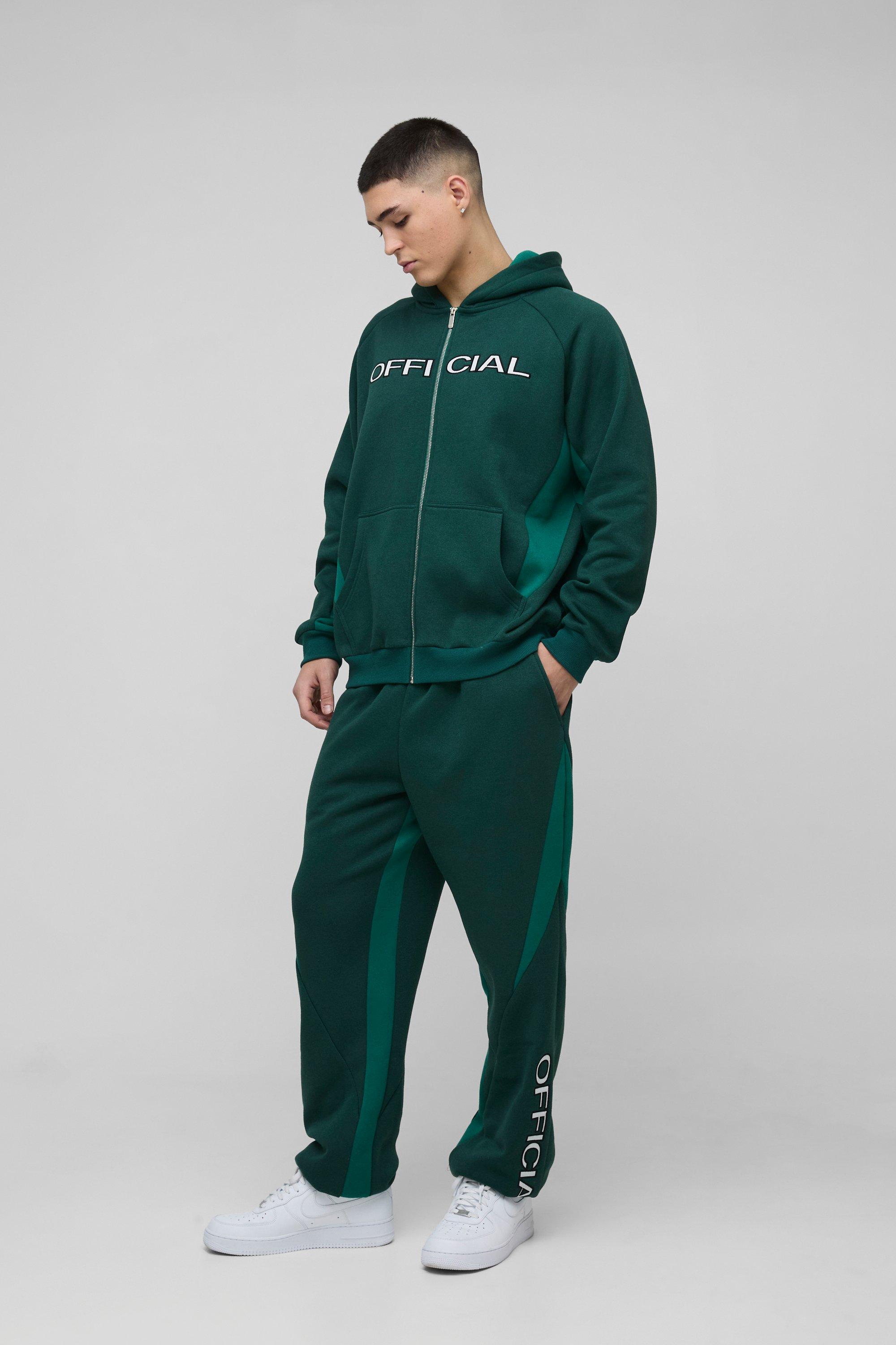 Tuta sportiva oversize a blocchi di colore Official con ricami e zip, Verde