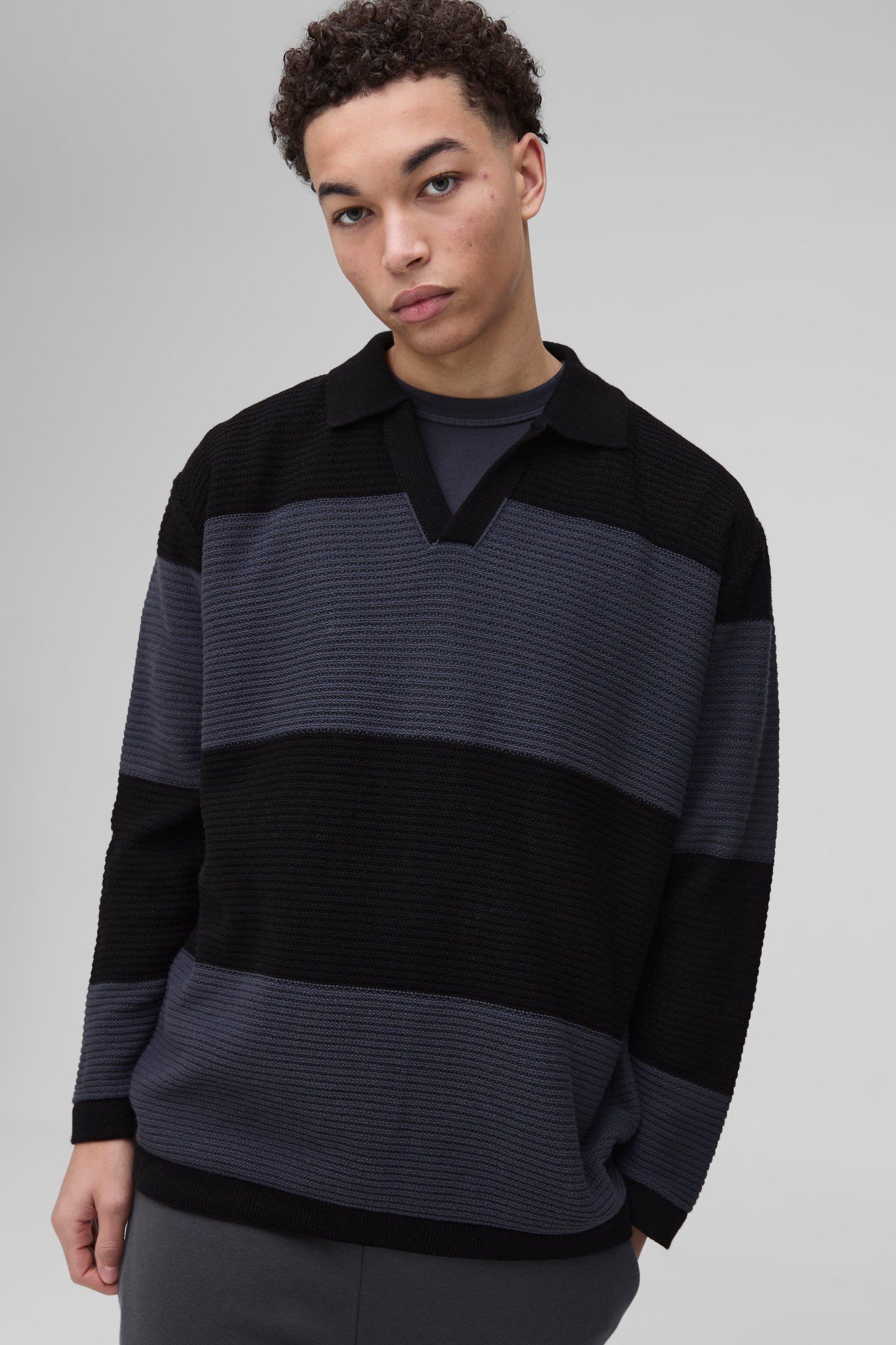 Polo oversize in maglia a coste a blocchi di colore, Nero