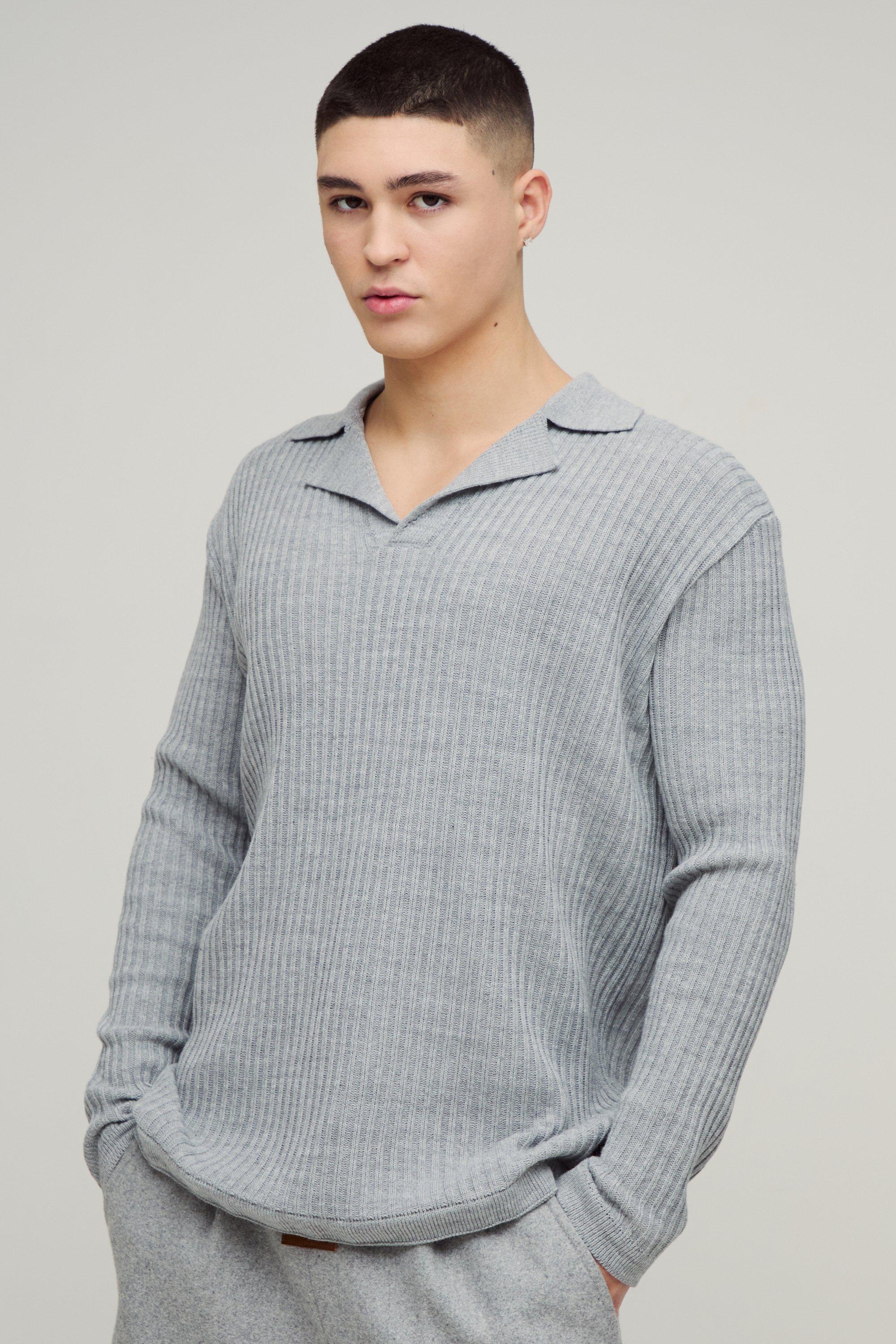 Polo oversize in maglia a coste con rever, Grigio