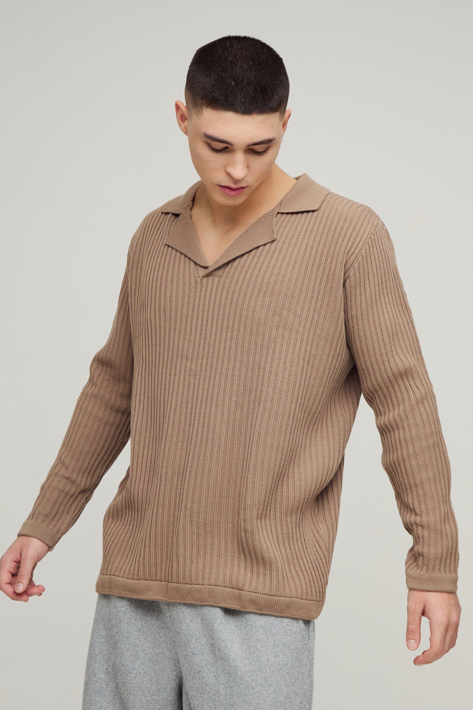 Polo oversize in maglia a coste con rever, Beige