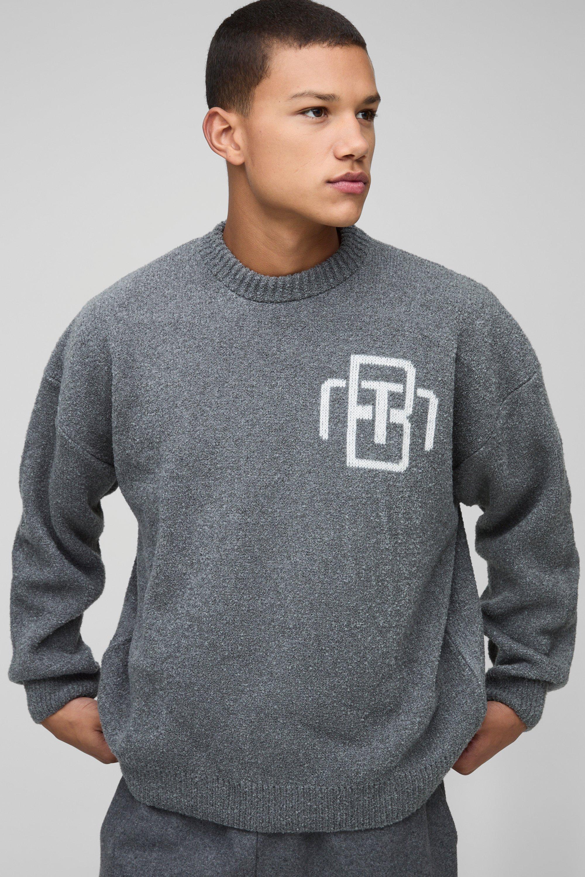 Mens Grey Man Oversized Boucle Knitted Jumper, Grey
