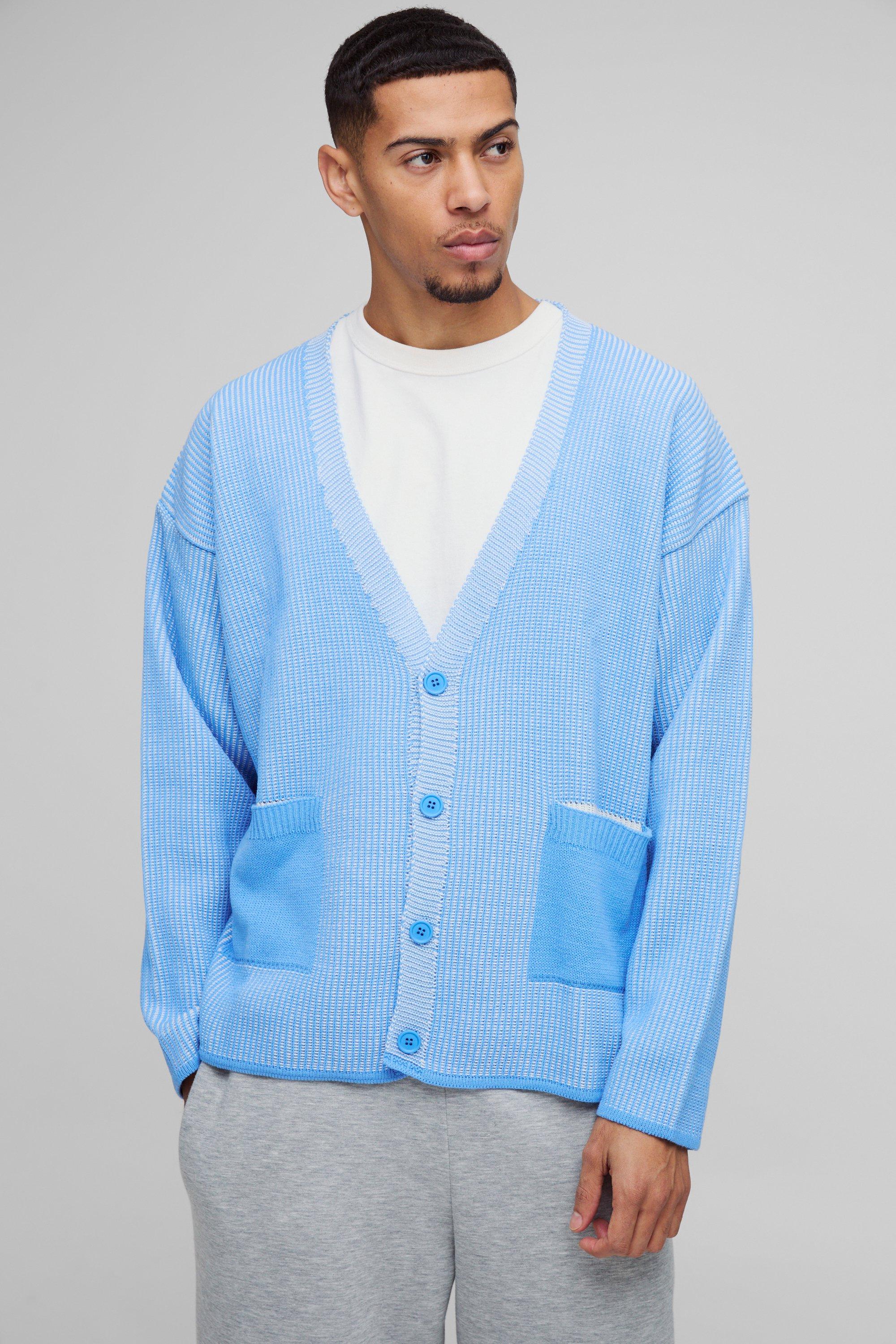 Cardigan squadrato oversize a coste placcato con spalle scese, Azzurro