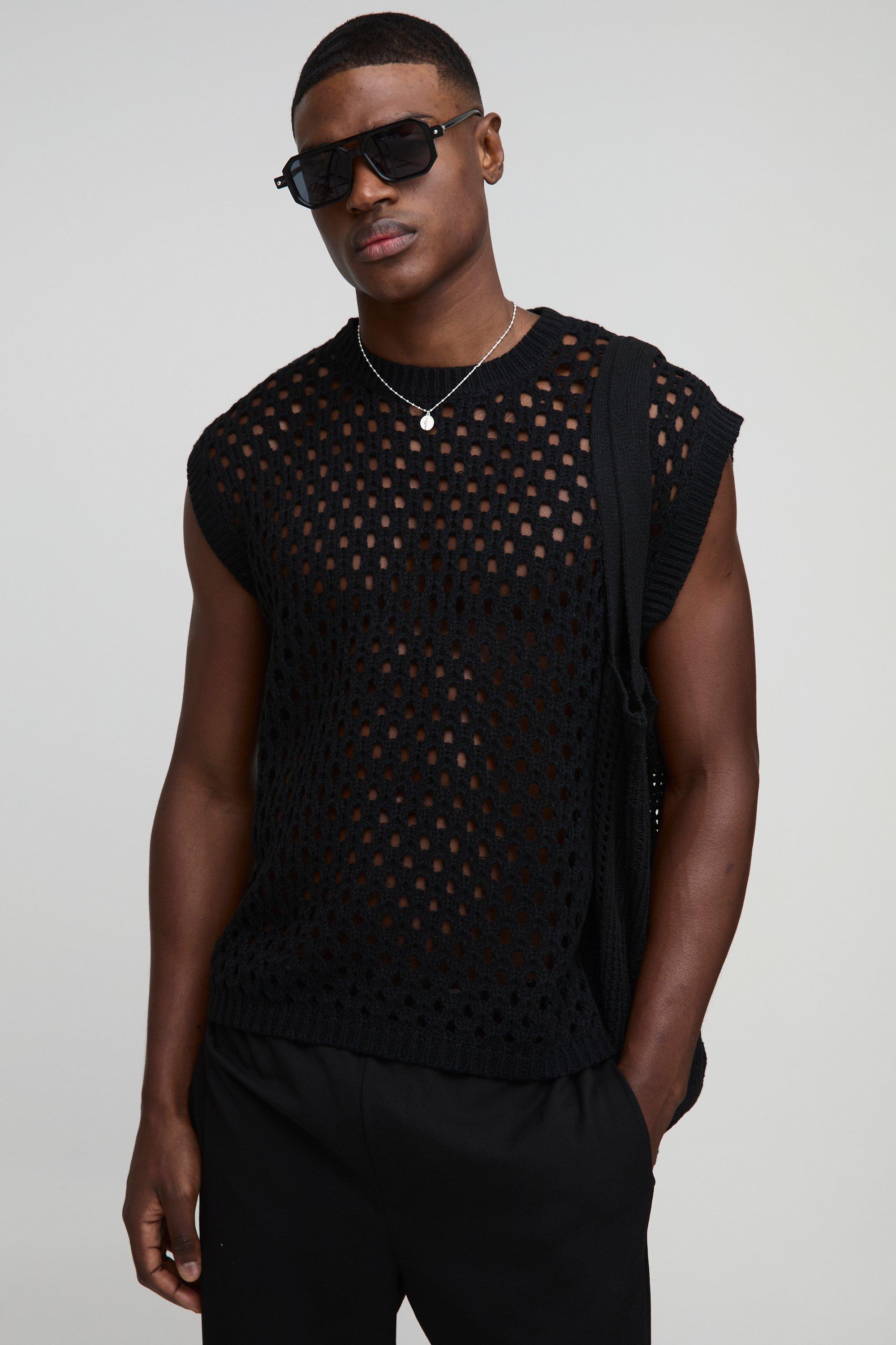 Canotta oversize a girocollo in maglia traforata, Nero