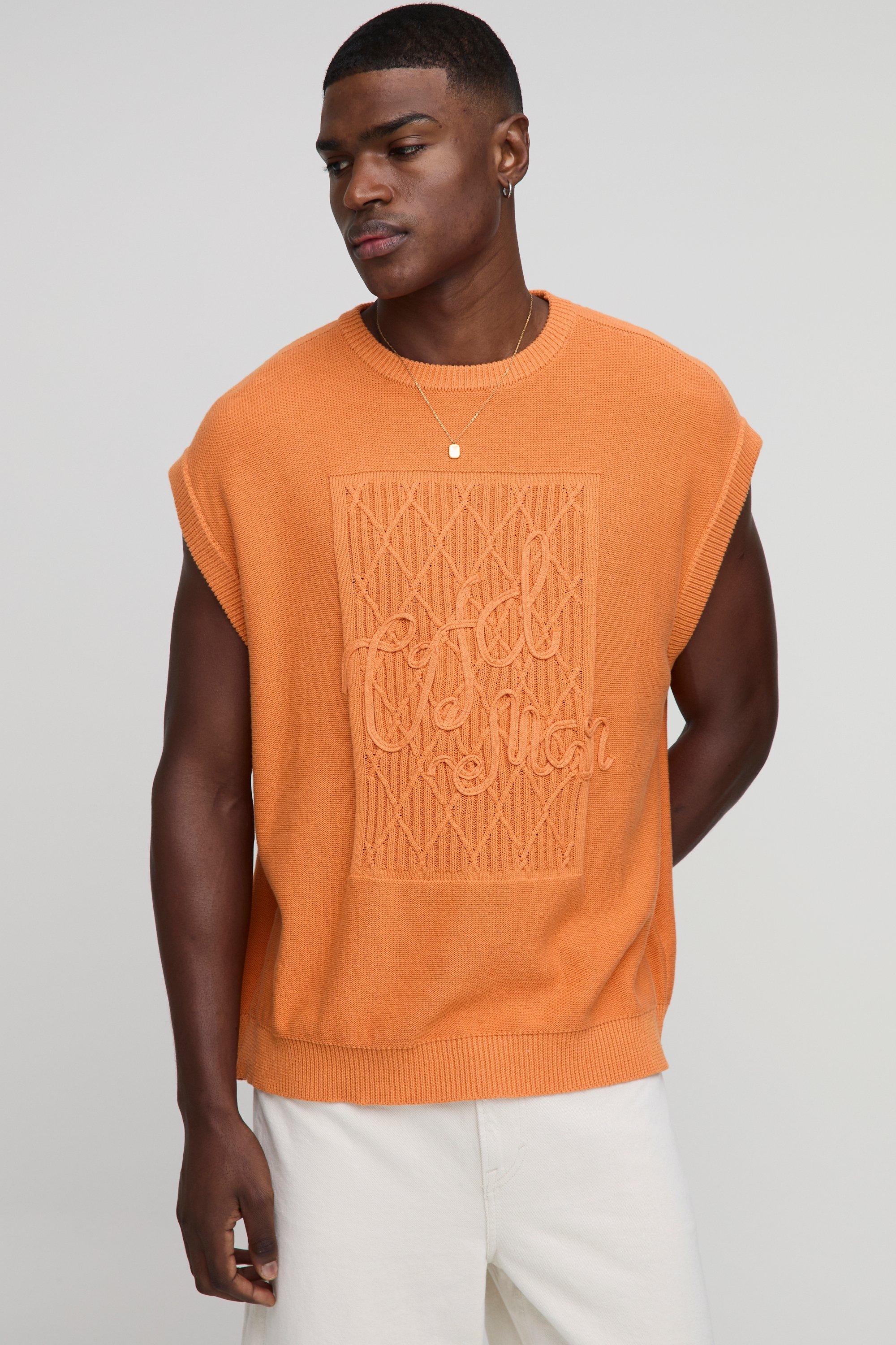 Canotta oversize Man in maglia a girocollo con ricami di corda, Arancio