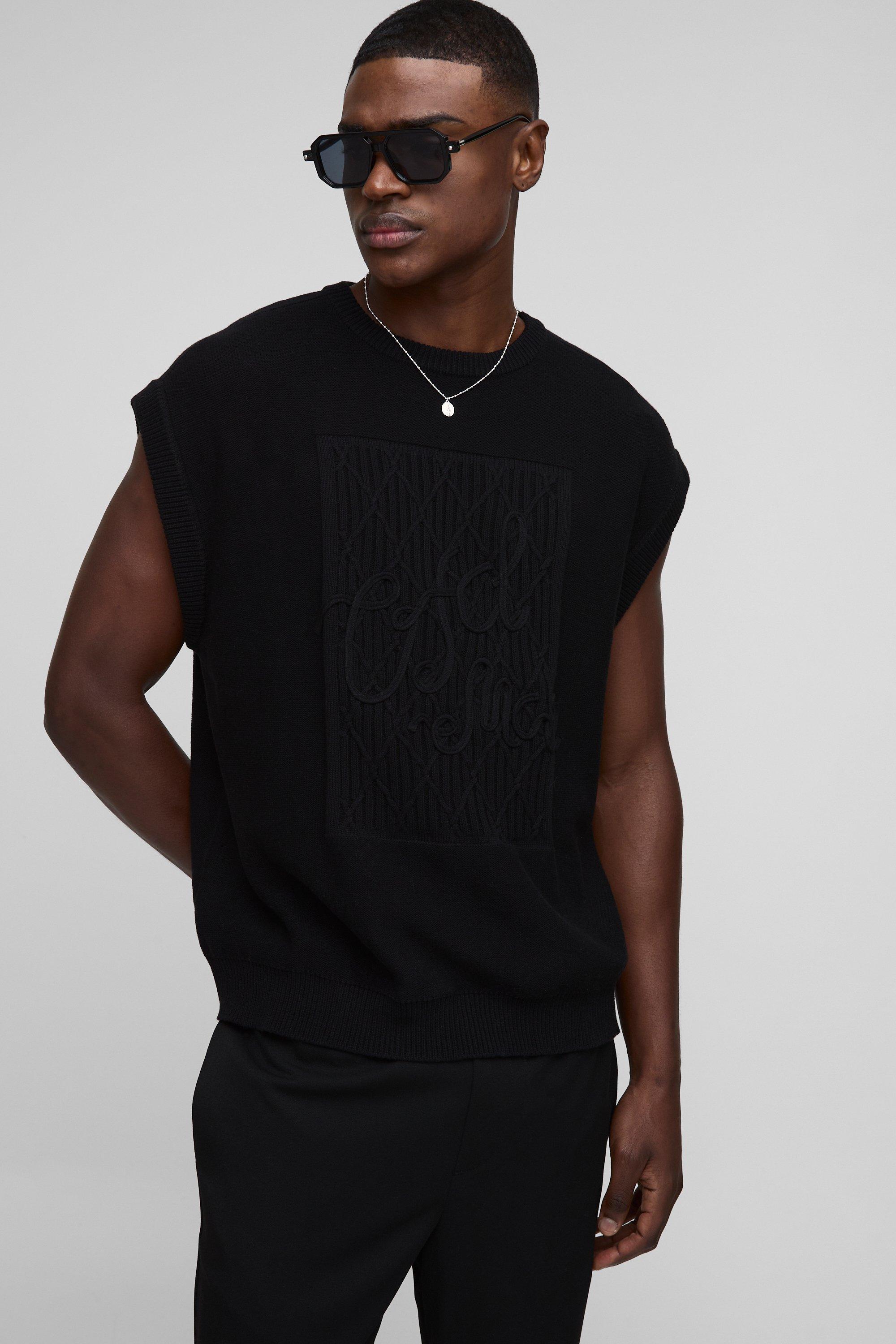 Canotta oversize Man in maglia a girocollo con ricami di corda, Nero