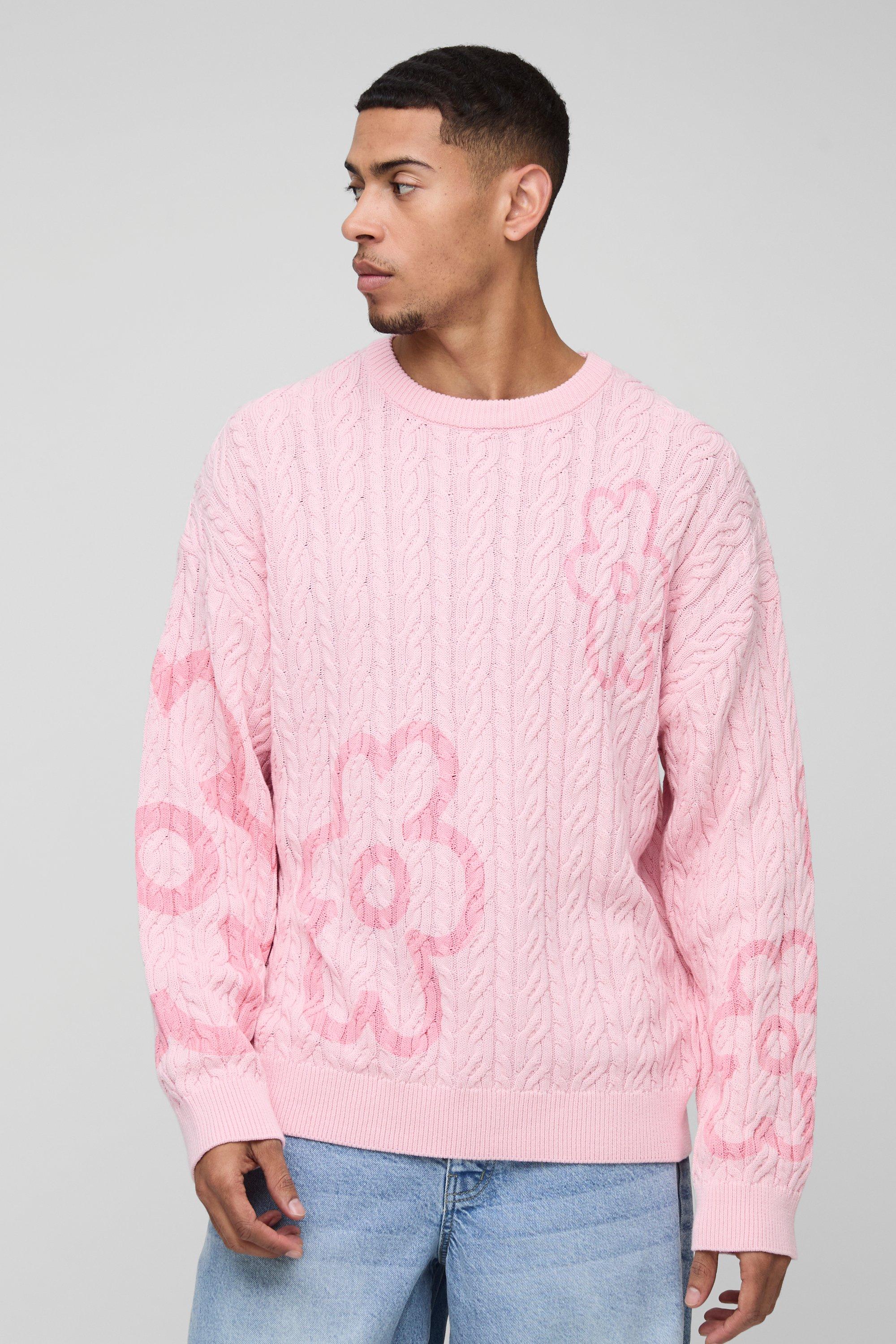 Maglione squadrato oversize in maglia intrecciata a fiori a girocollo, Pink