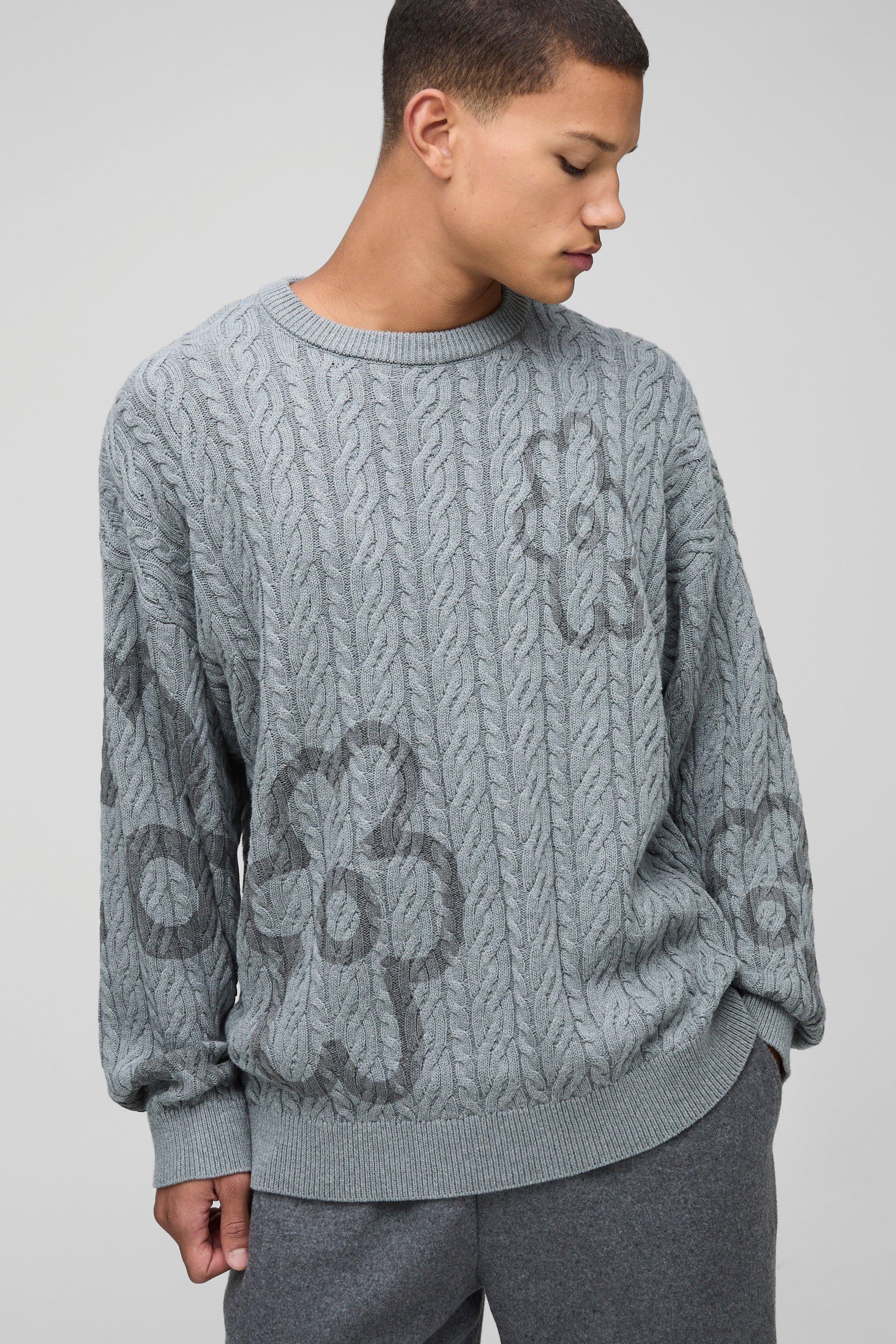 Maglione squadrato oversize in maglia intrecciata a fiori a girocollo, Grigio