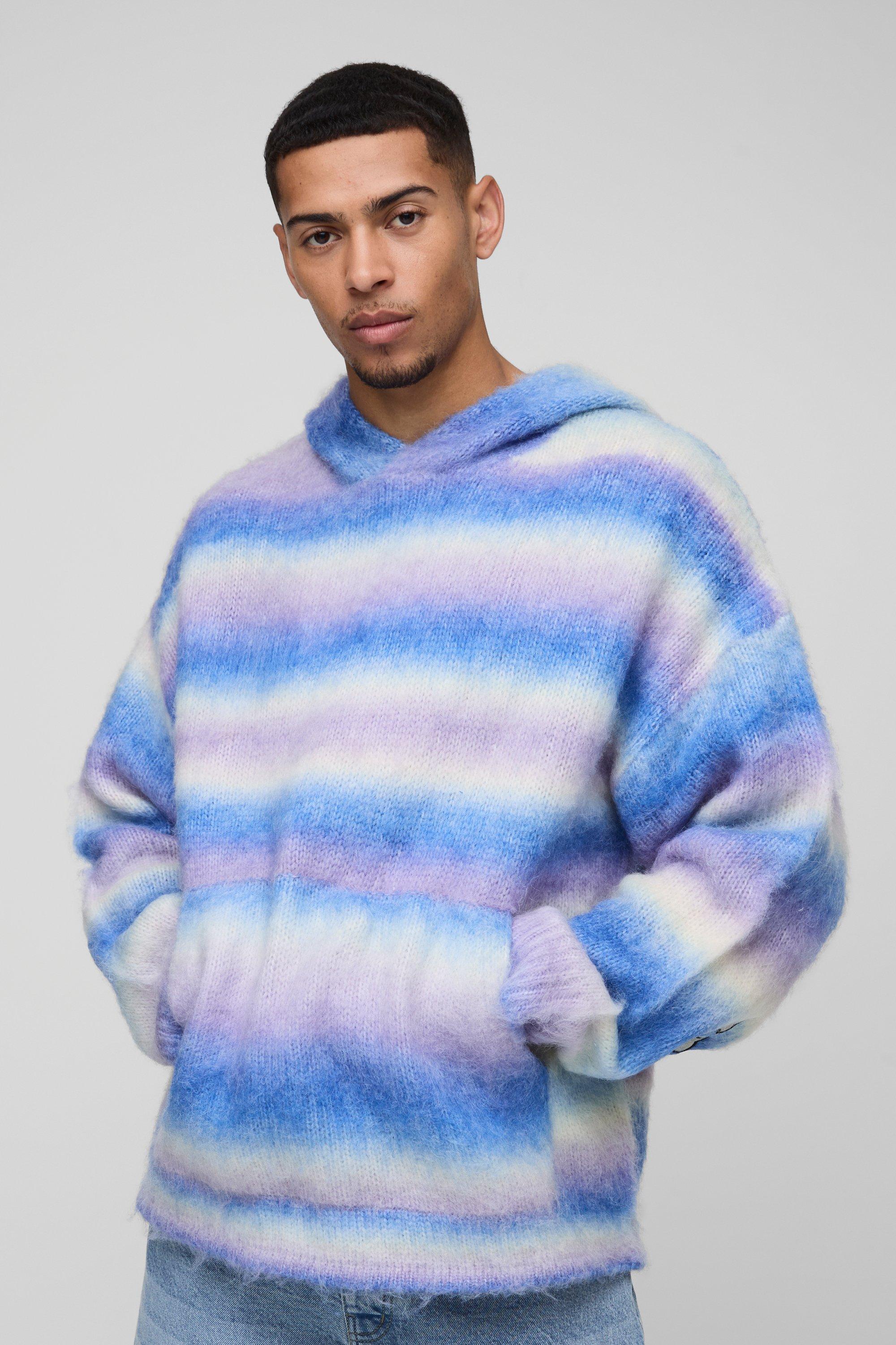 Mens Purple Oversized Boxy Fit Ombre Stripe Brushed Knit Cross Hoodie, Purple