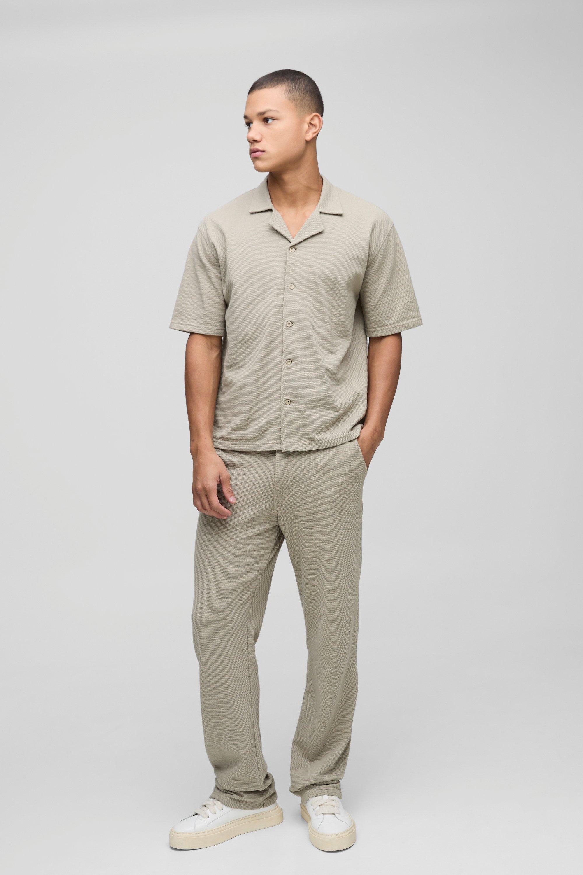 Mens Beige Jumbo Pique Boxy Shirt & Trouser Set, Beige