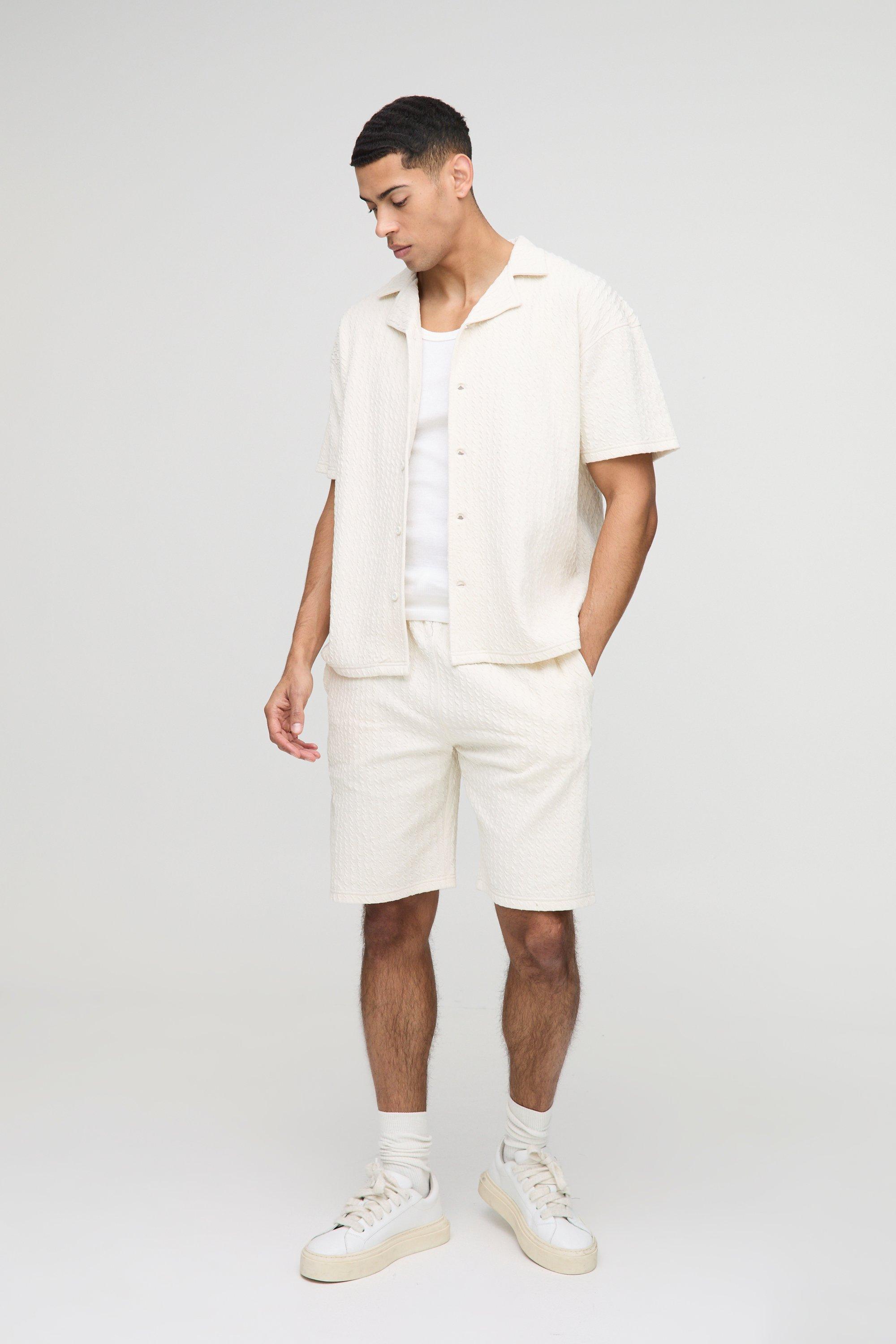 Mens Beige Textured Stripe Jacquard Shirt & Short Set, Beige