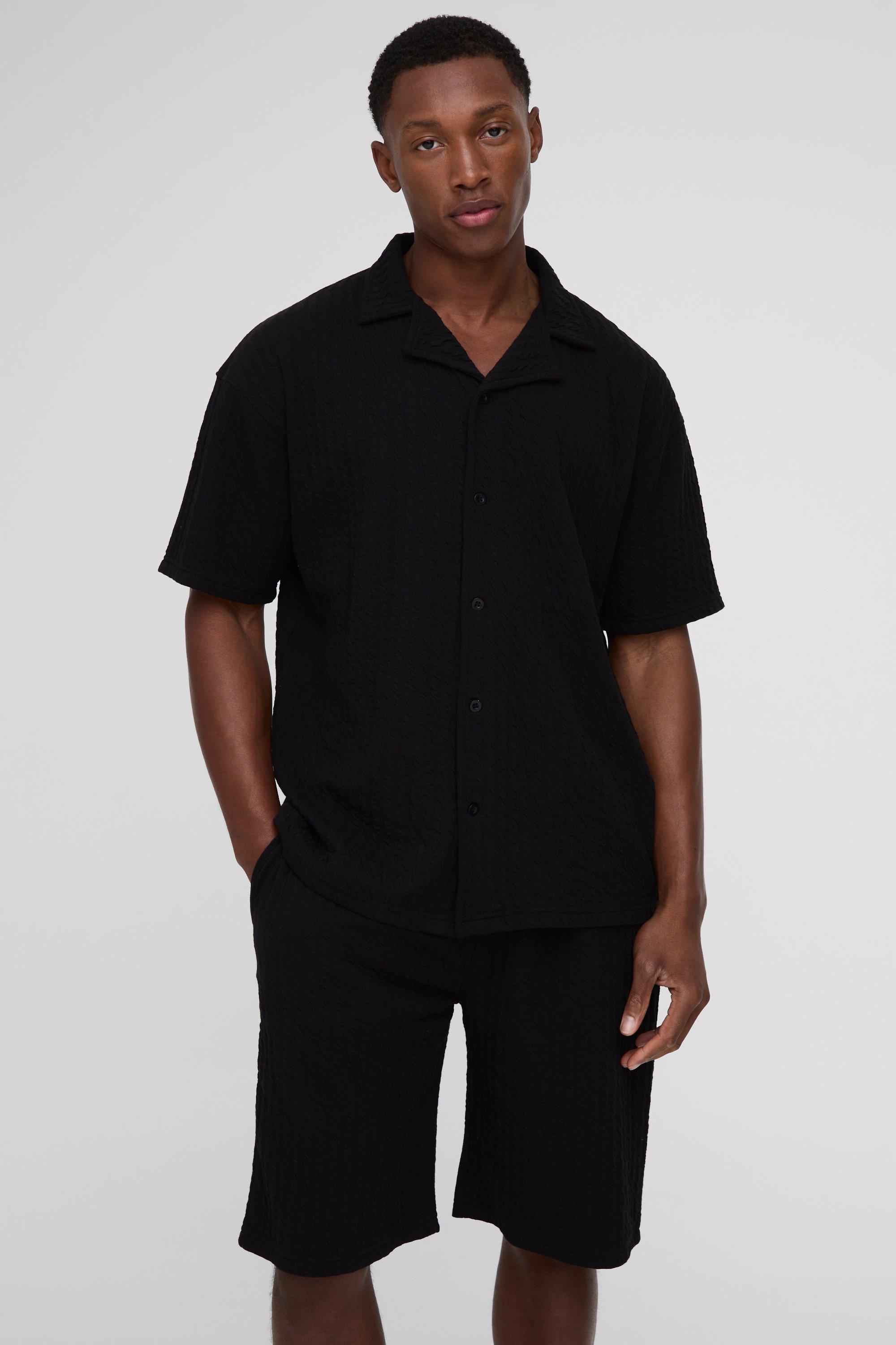 Set camicia in jacquard a righe con trama & pantaloncini, Nero