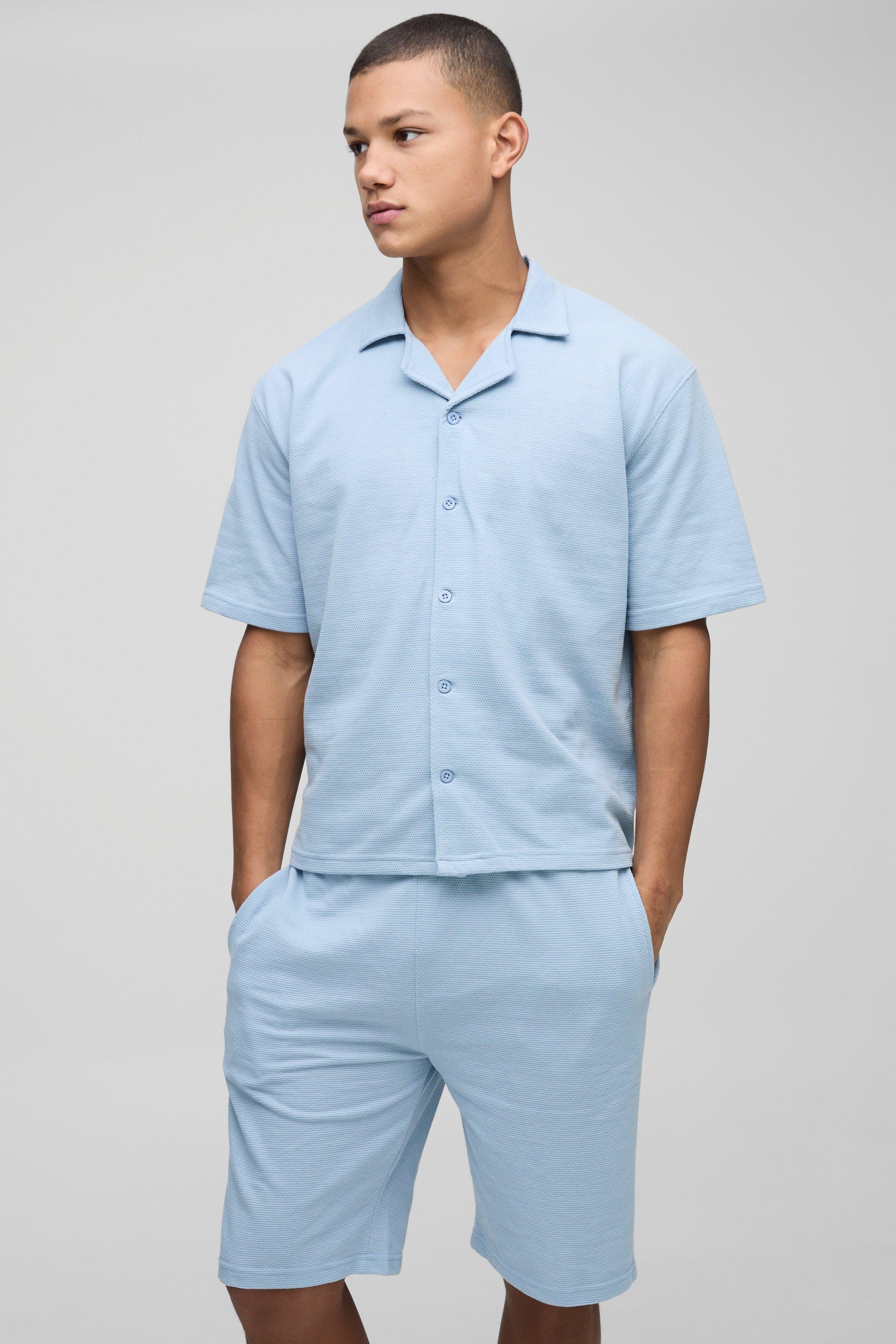 Mens Blue Jumbo Pique Boxy Shirt & Short Set, Blue