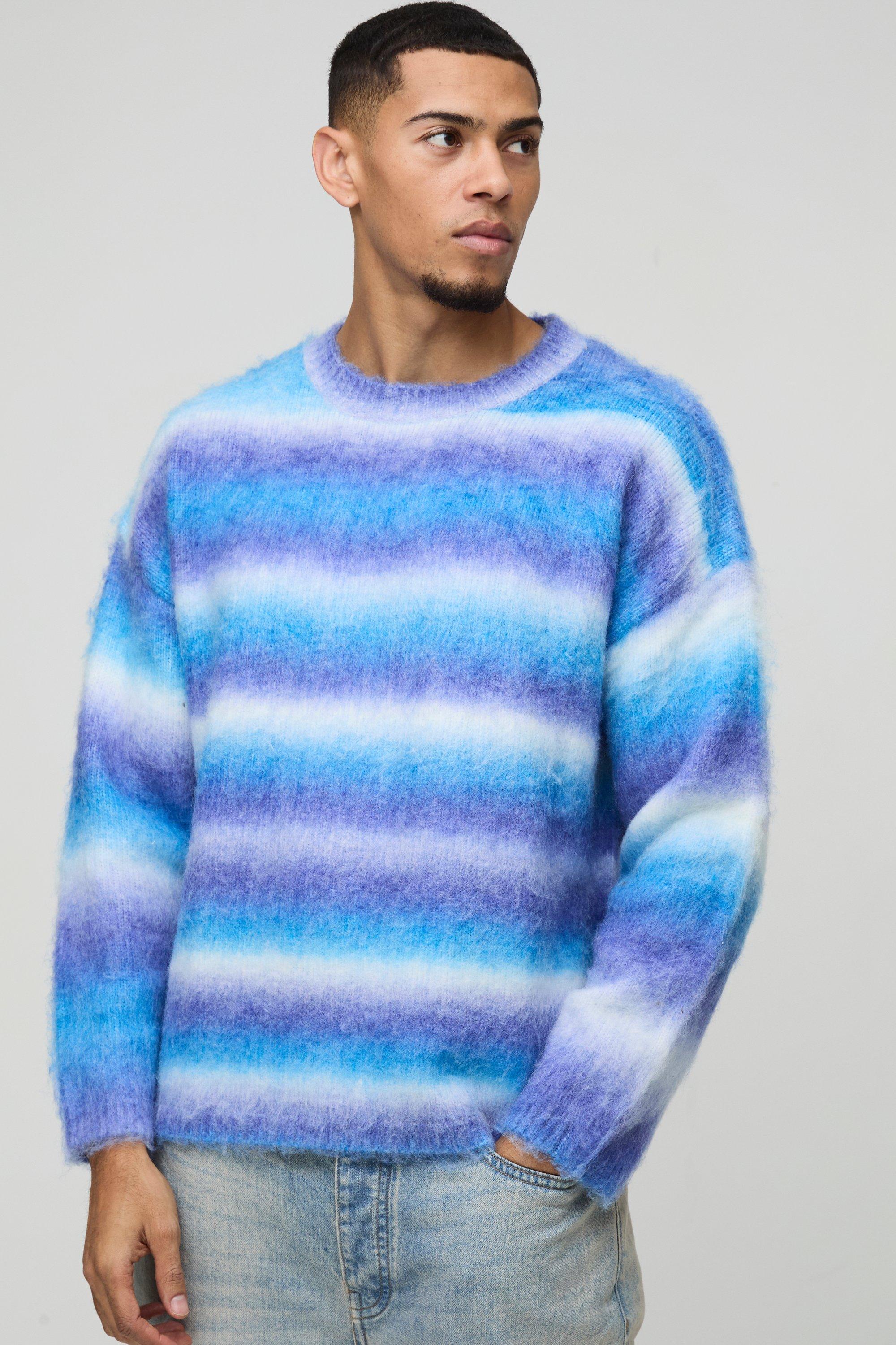 Maglione squadrato oversize in maglia spazzolata a righe, Azzurro