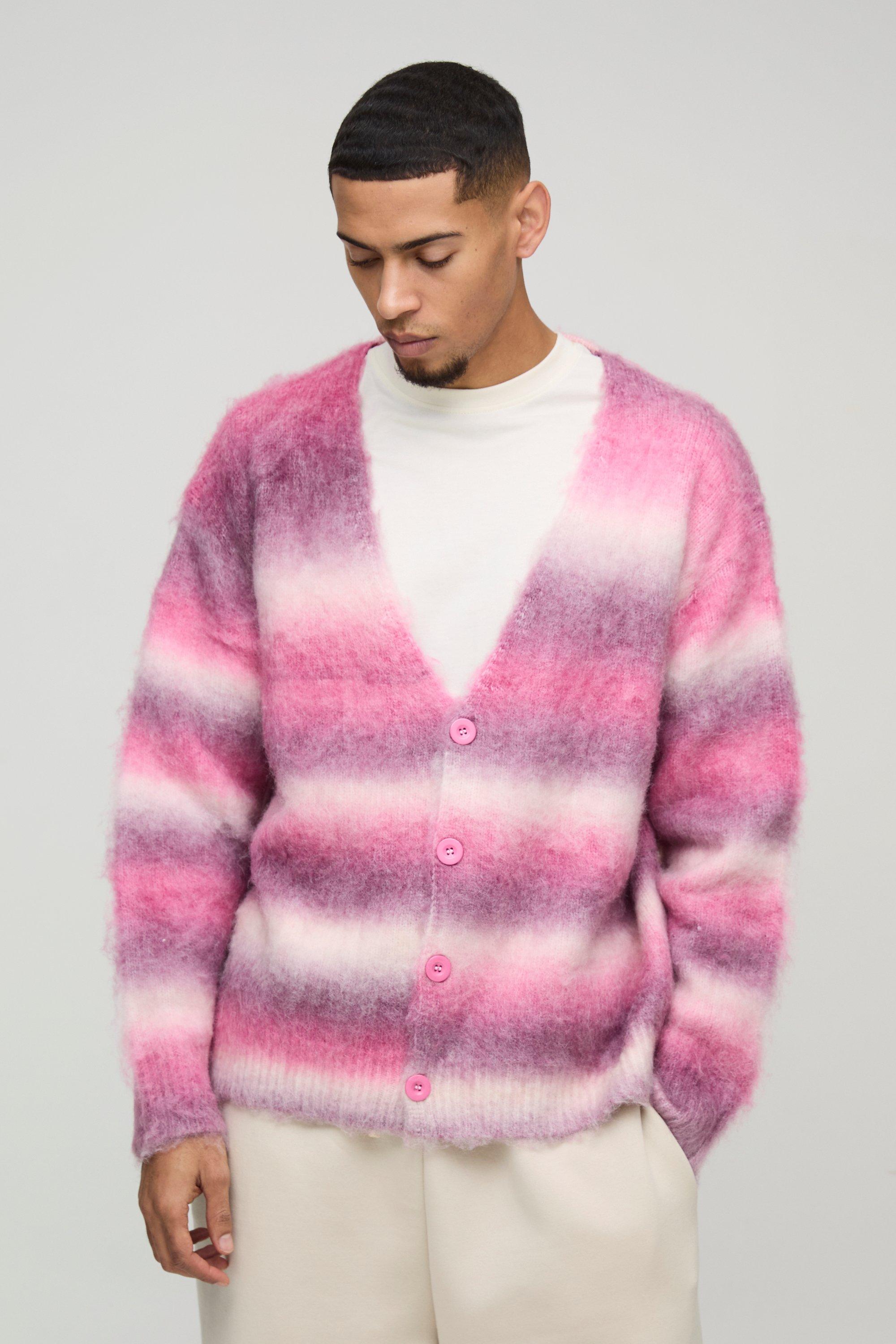 Mens Pink Oversized Dropped Shoulder Brushed Stripe Knitted Cardigan, Pink