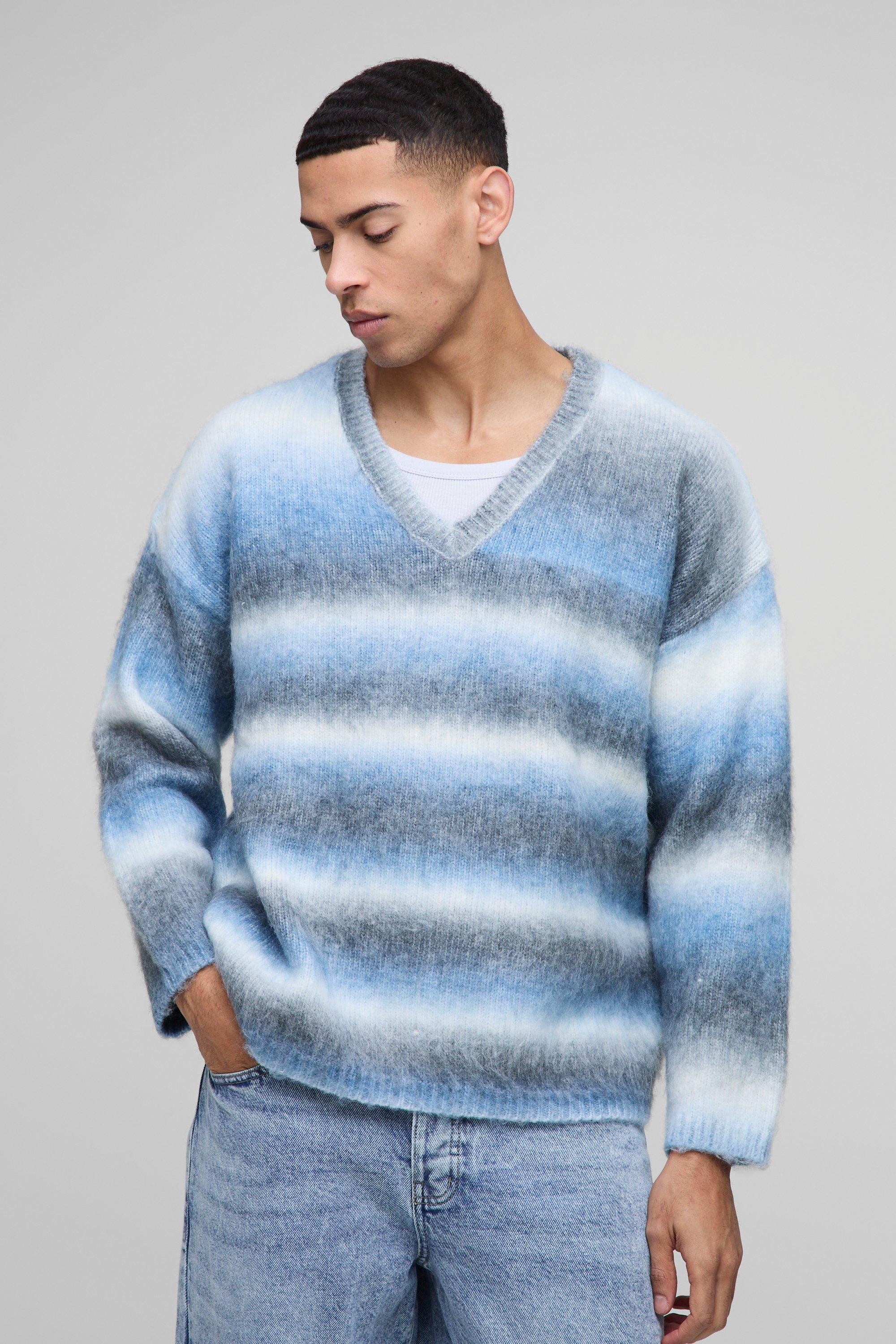 Maglione squadrato oversize spazzolato a righe con scollo a V, Azzurro