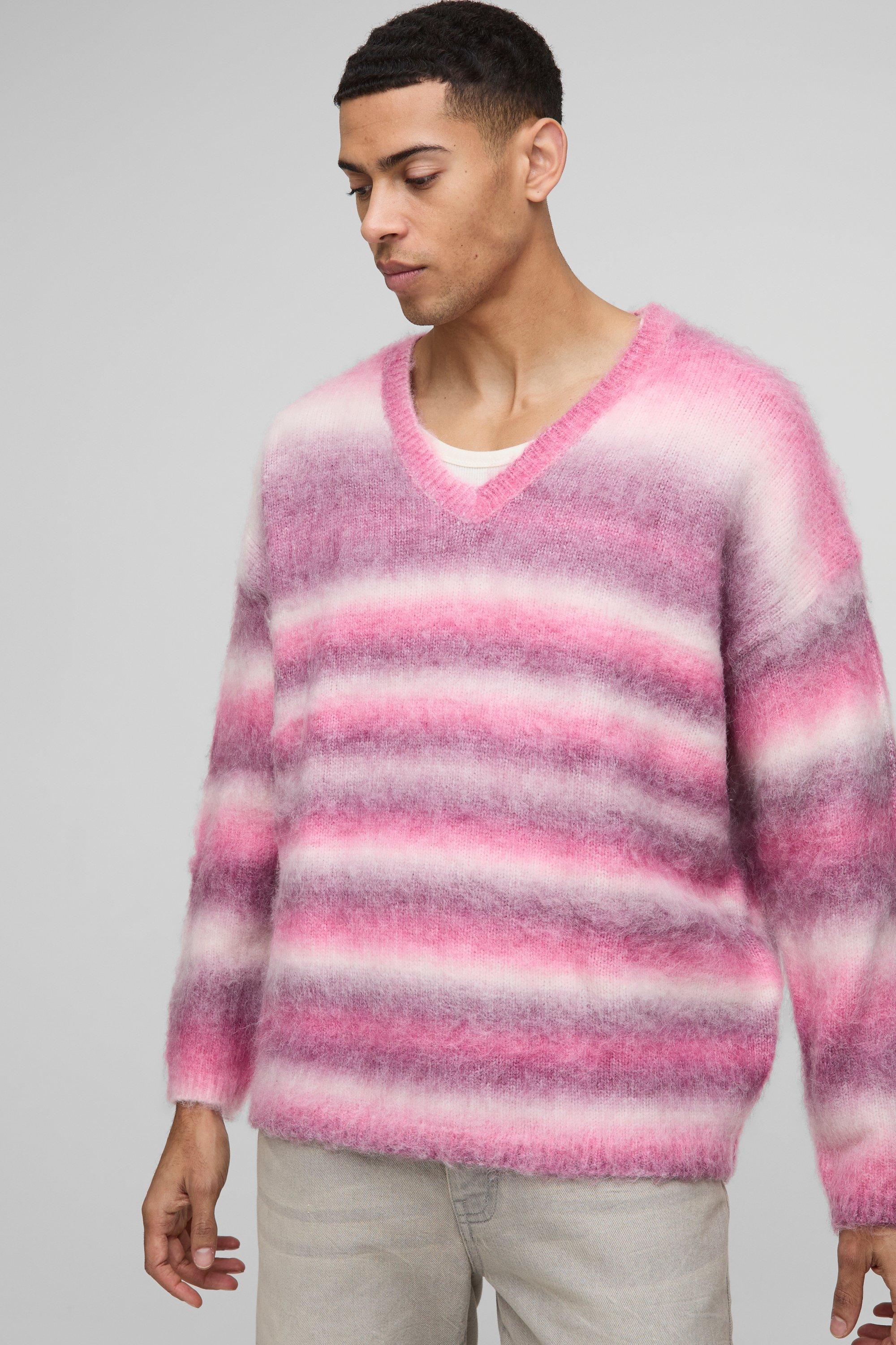 Maglione squadrato oversize spazzolato a righe con scollo a V, Pink