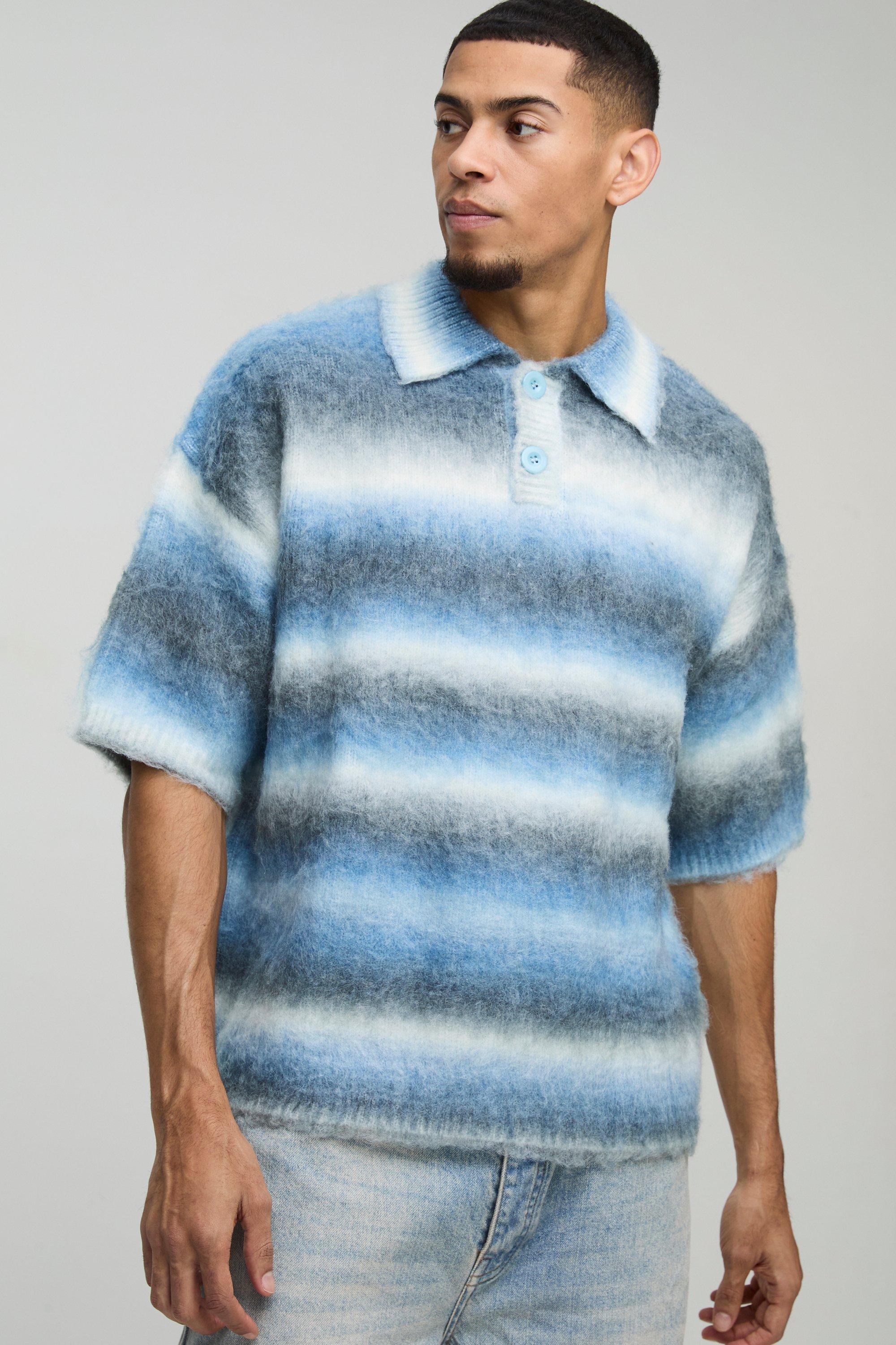 Polo oversize a maniche corte in maglia spazzolata a righe, Azzurro