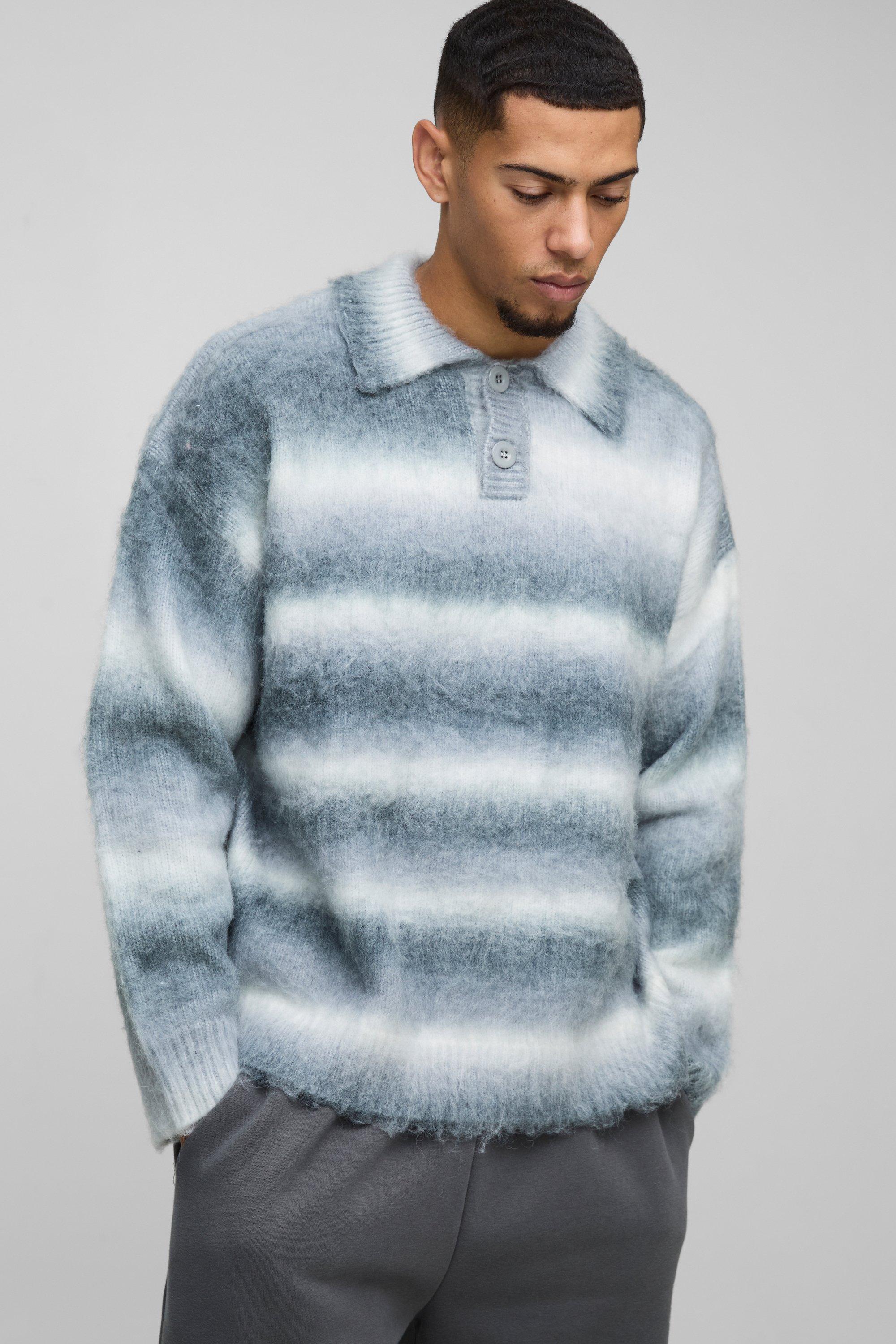 Polo da Rugby oversize in maglia spazzolata a righe, Grigio