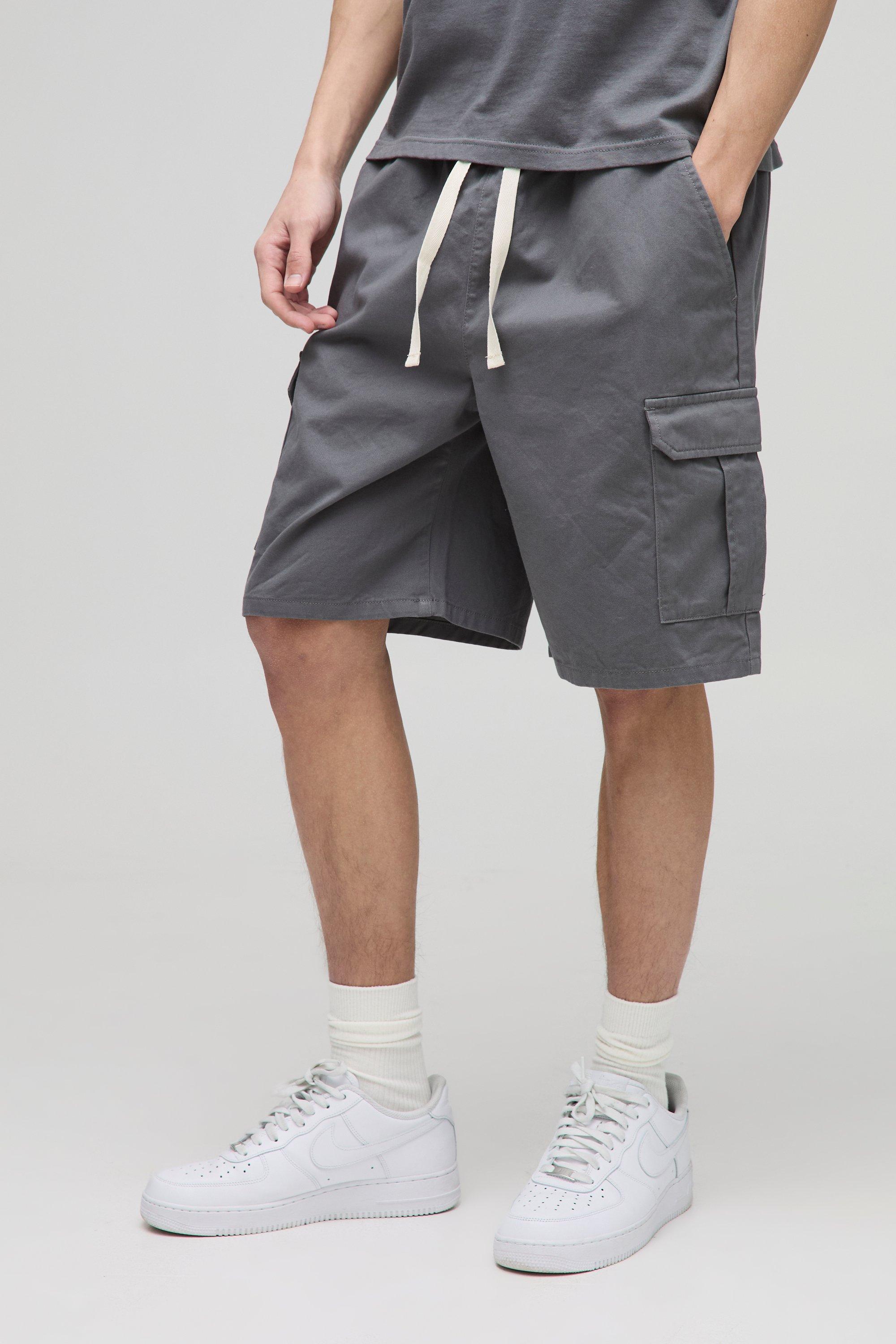 Mens Grey Tall Elasticated Waist Relaxed Fit Cargo Shorts, Grey