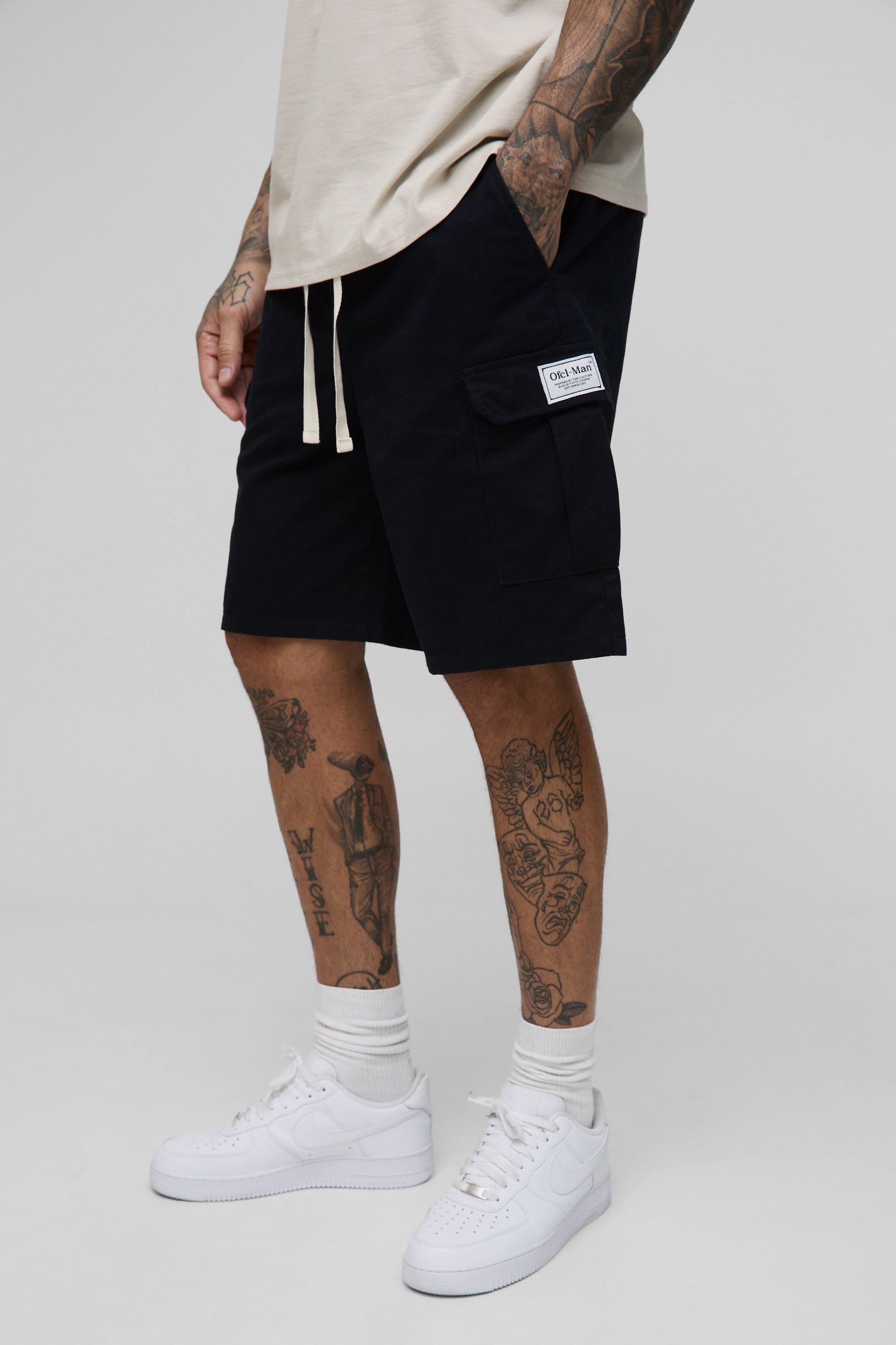 Tall Relaxed Fit Woven Tab Cargo Shorts, Nero