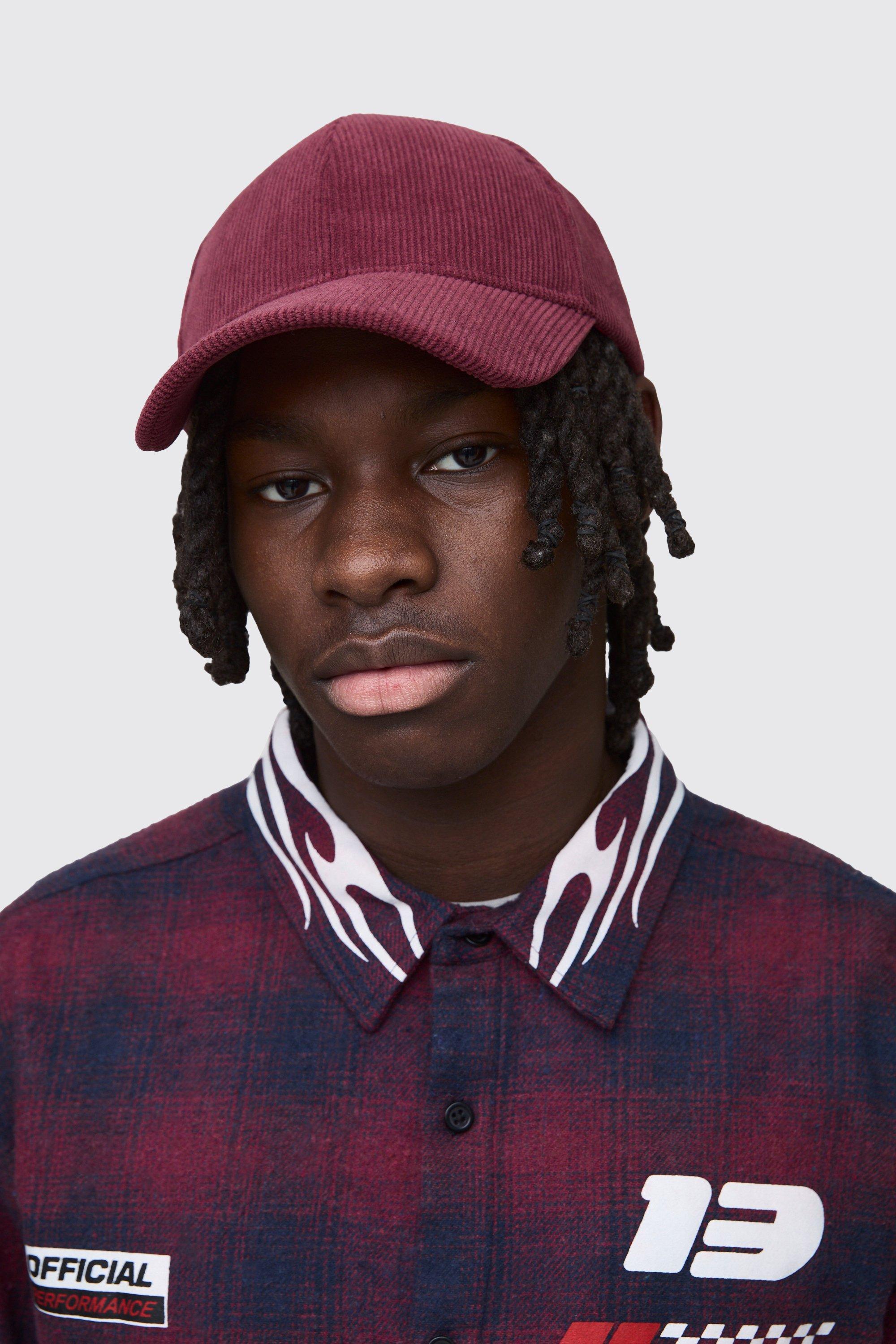 Mens Red Plain Cord Cap in Burgundy, Red