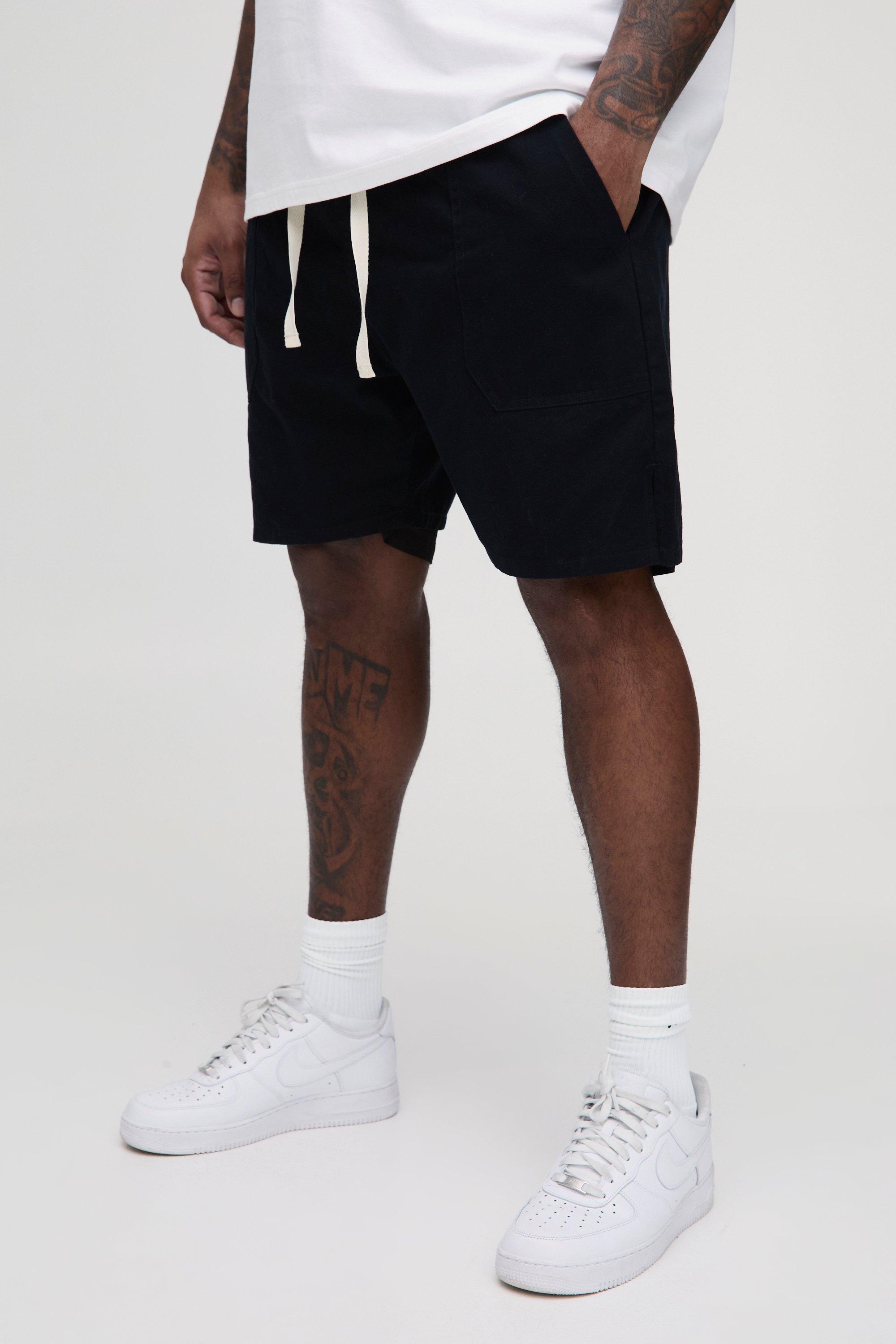 Mens Black Plus Elasticated Baggy Split Hem Shorts, Black