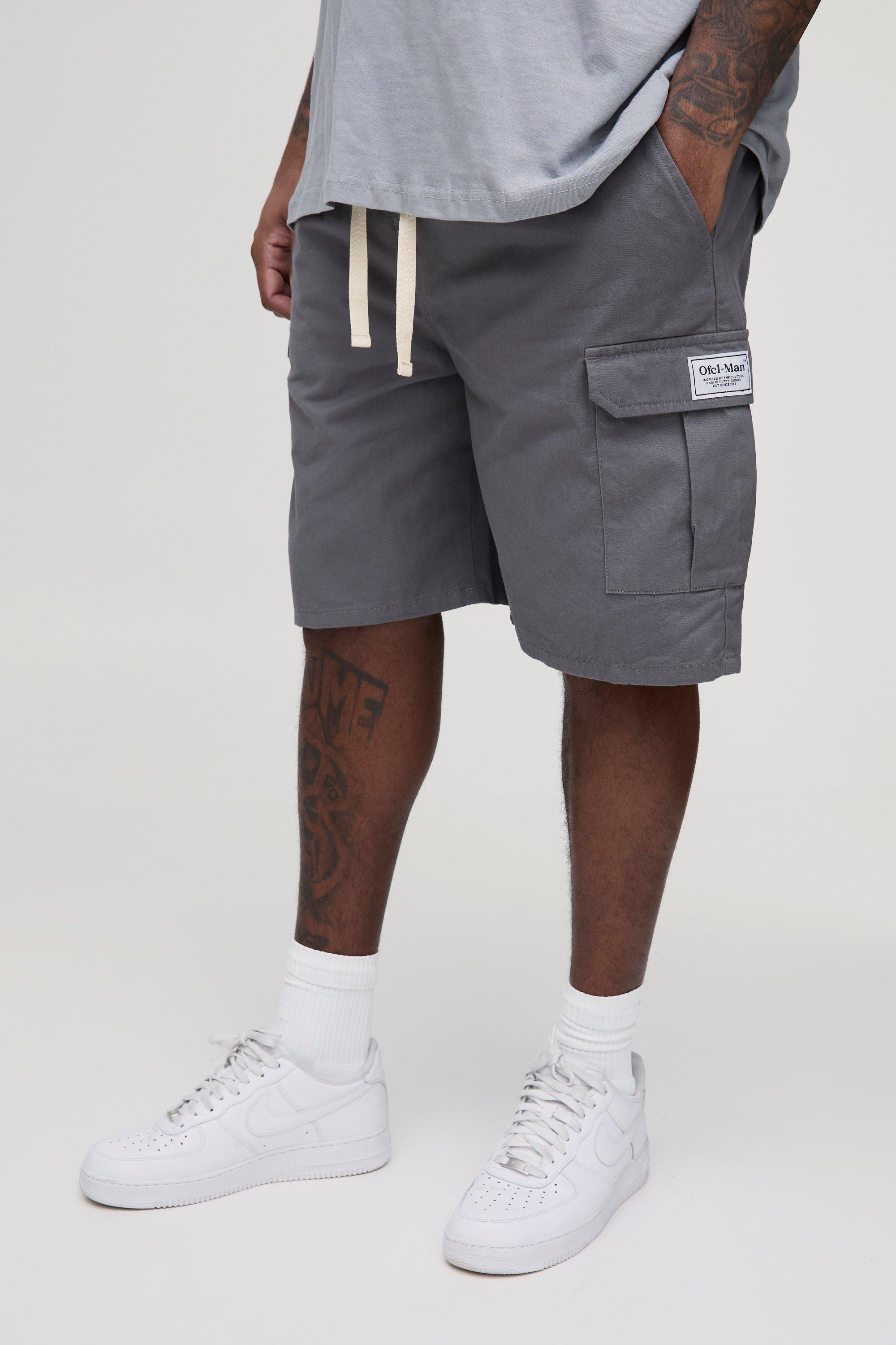 Mens Grey Plus Relaxed Fit Woven Tab Cargo Shorts, Grey