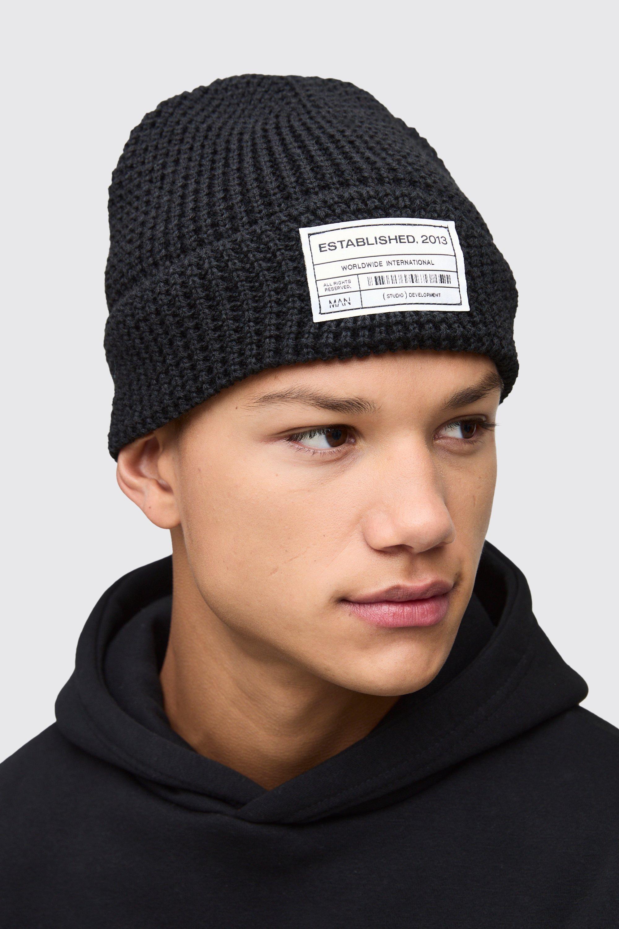 Boohoo Waffle Knit Tab Beanie, Black