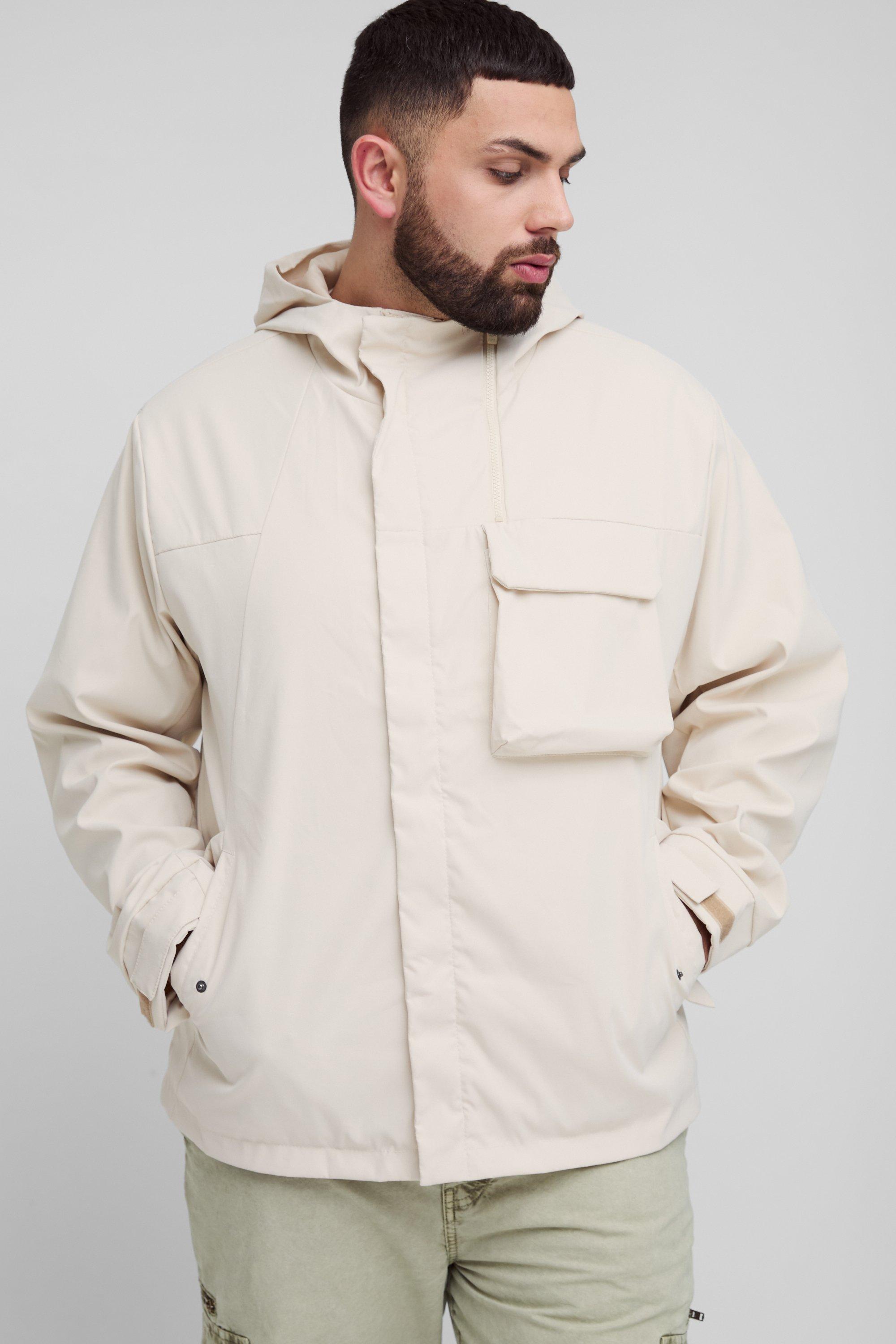 Mens Beige Plus Lightweight Regular Fit Hooded Parka Jacket In Stone, Beige