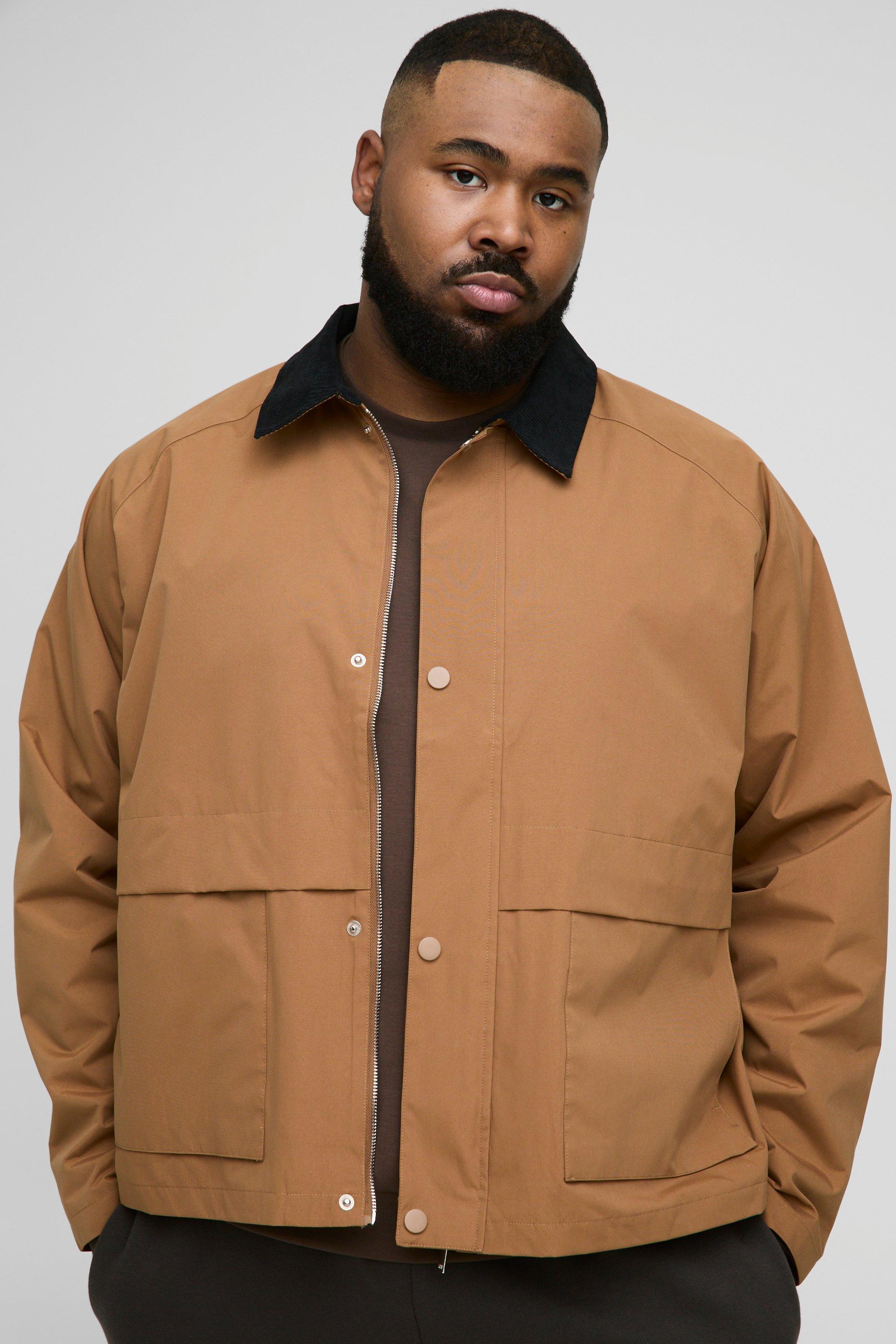 Mens Brown Plus Boxy Cord Collar Worker Jacket In Tan, Brown