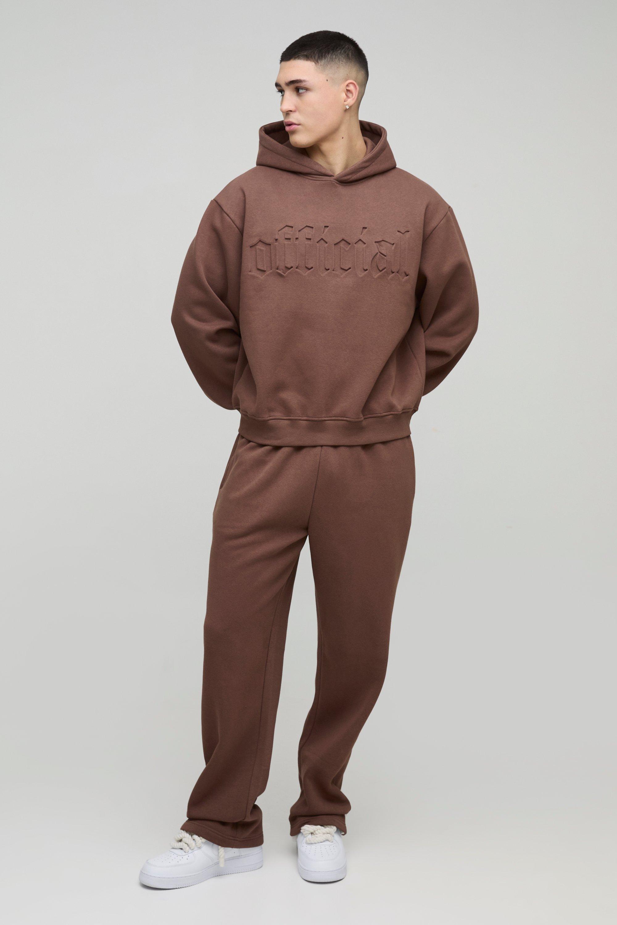 Mens Brown Oversized Boxy Official Embossed Tracksuit, Brown