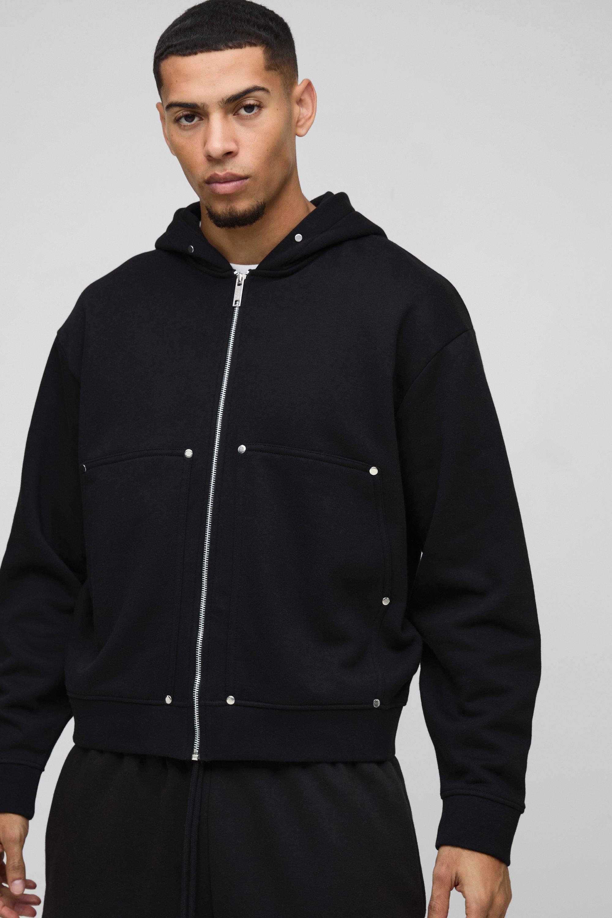 Mens Black Oversized Boxy Zip Through Carpenter Hoodie, Black