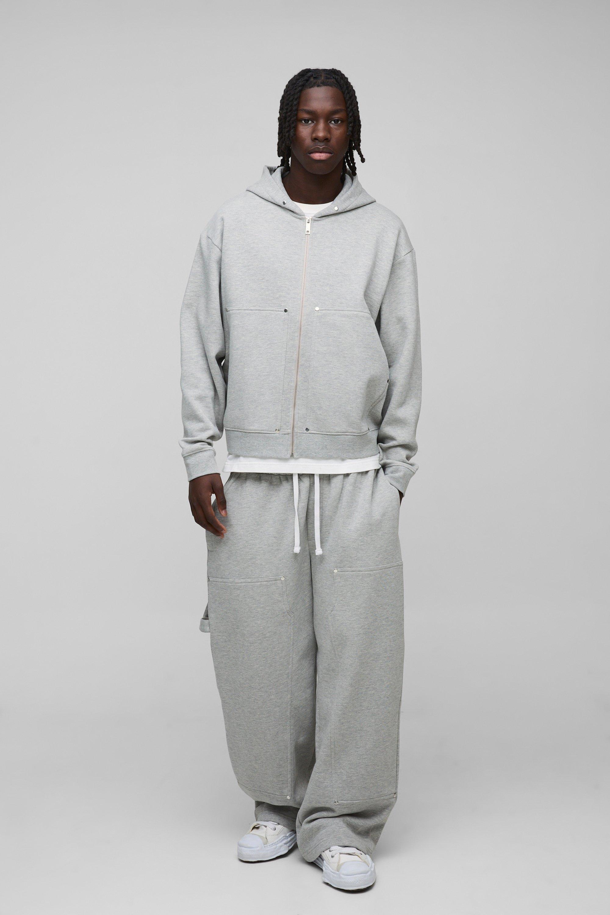 Mens Grey Oversized Boxy Carpenter Zip Through Hooded Tracksuit, Grey