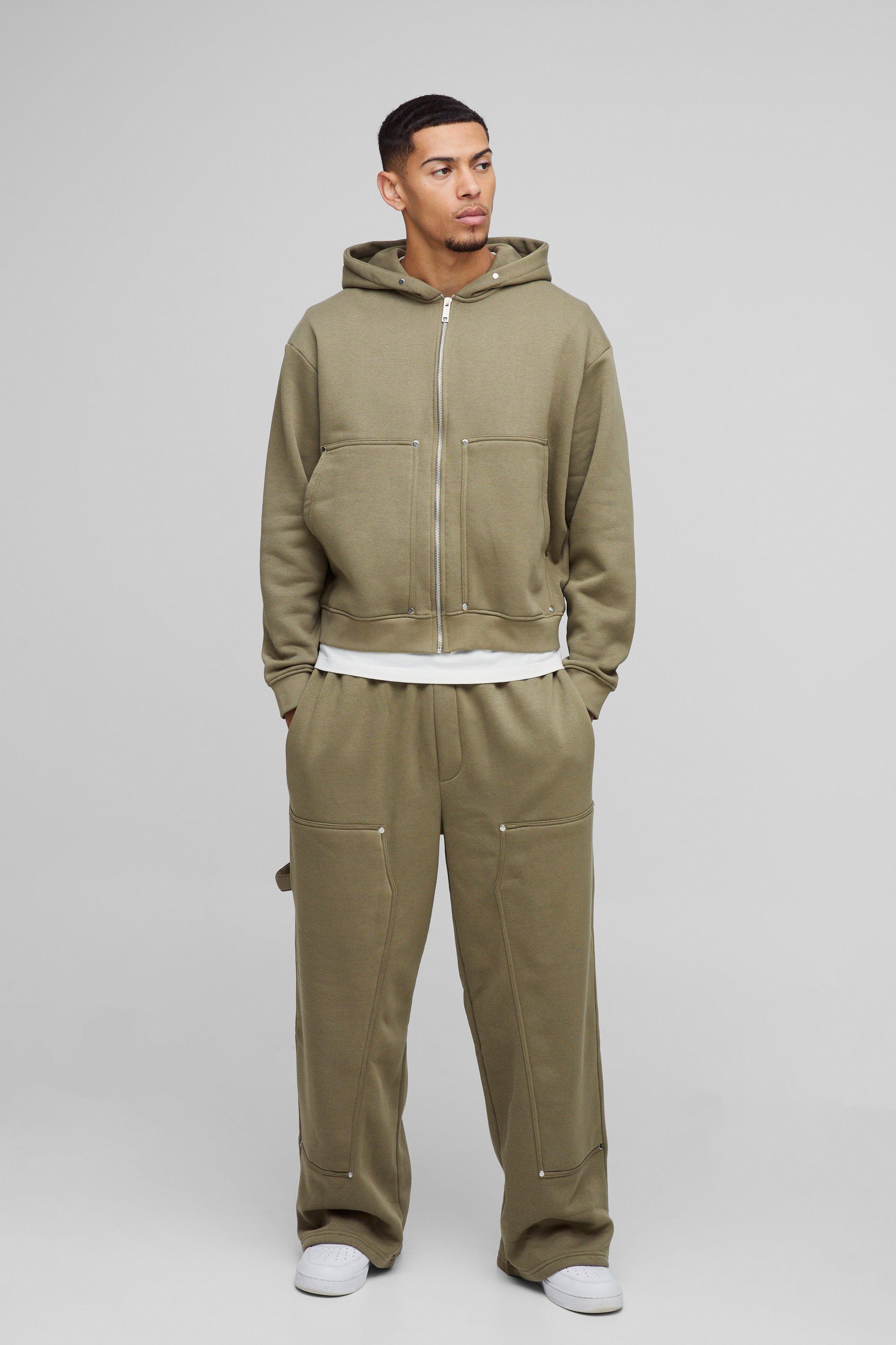 Mens Green Oversized Boxy Carpenter Zip Through Hooded Tracksuit, Green